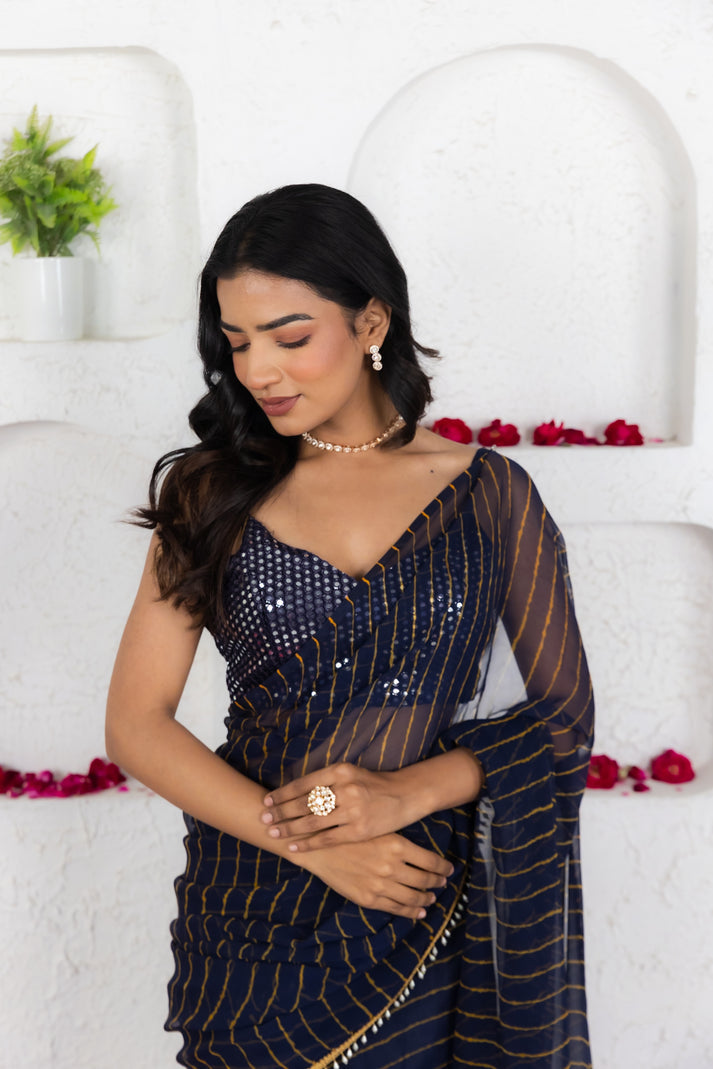 Kairi Midnidht Blue Leheriya Predraped Saree