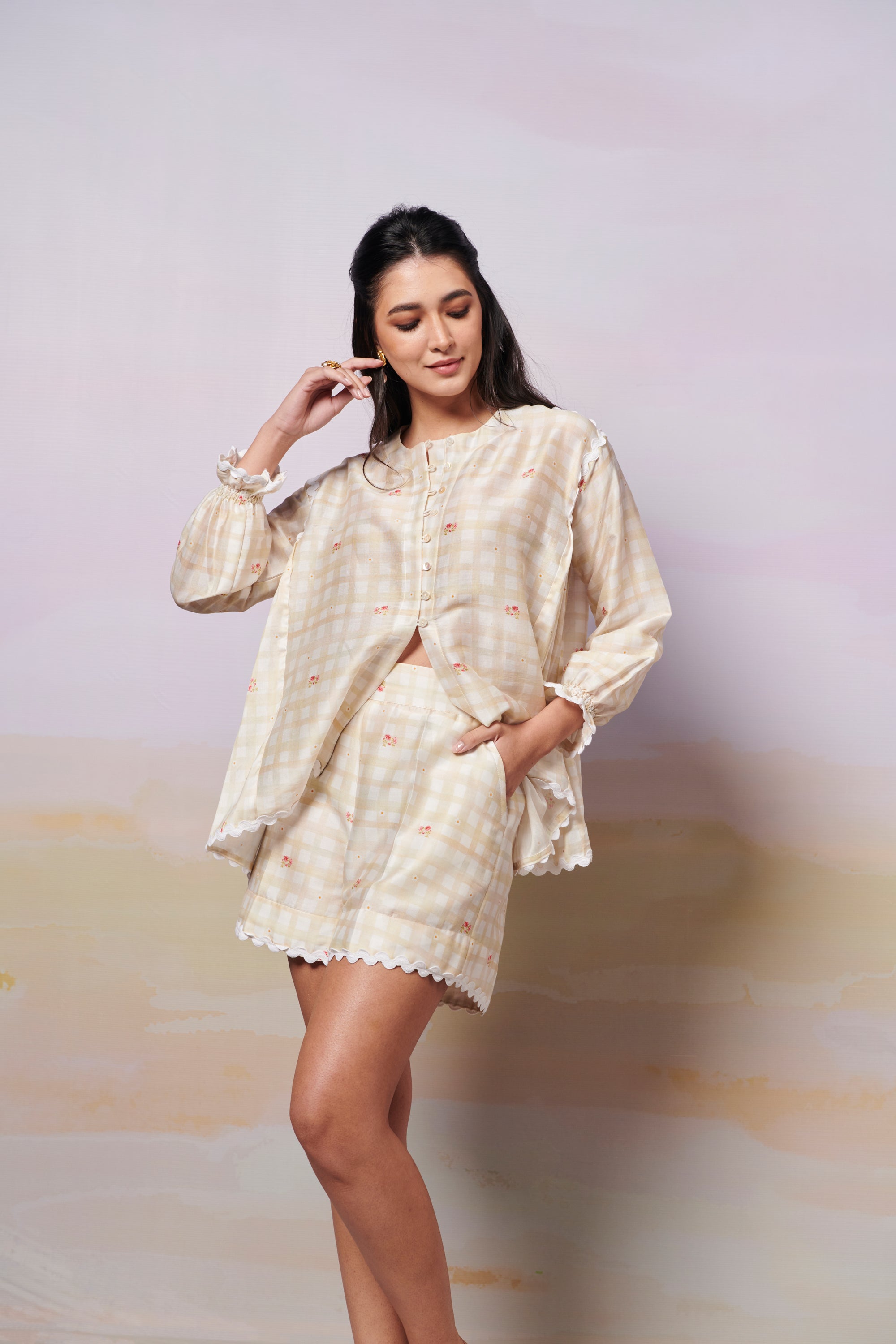 After Glow Rosette Shirt Top And Shorts Co-Ord Set