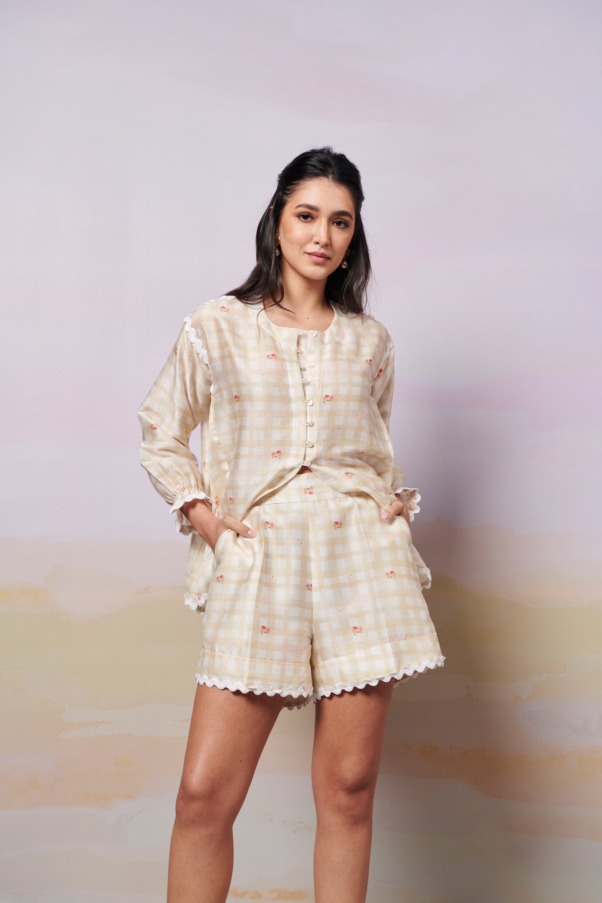 After Glow Rosette Shirt Top And Shorts Co-Ord Set