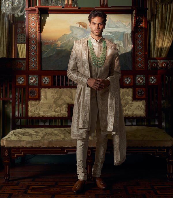 Ivory Raw Silk Sherwani Set