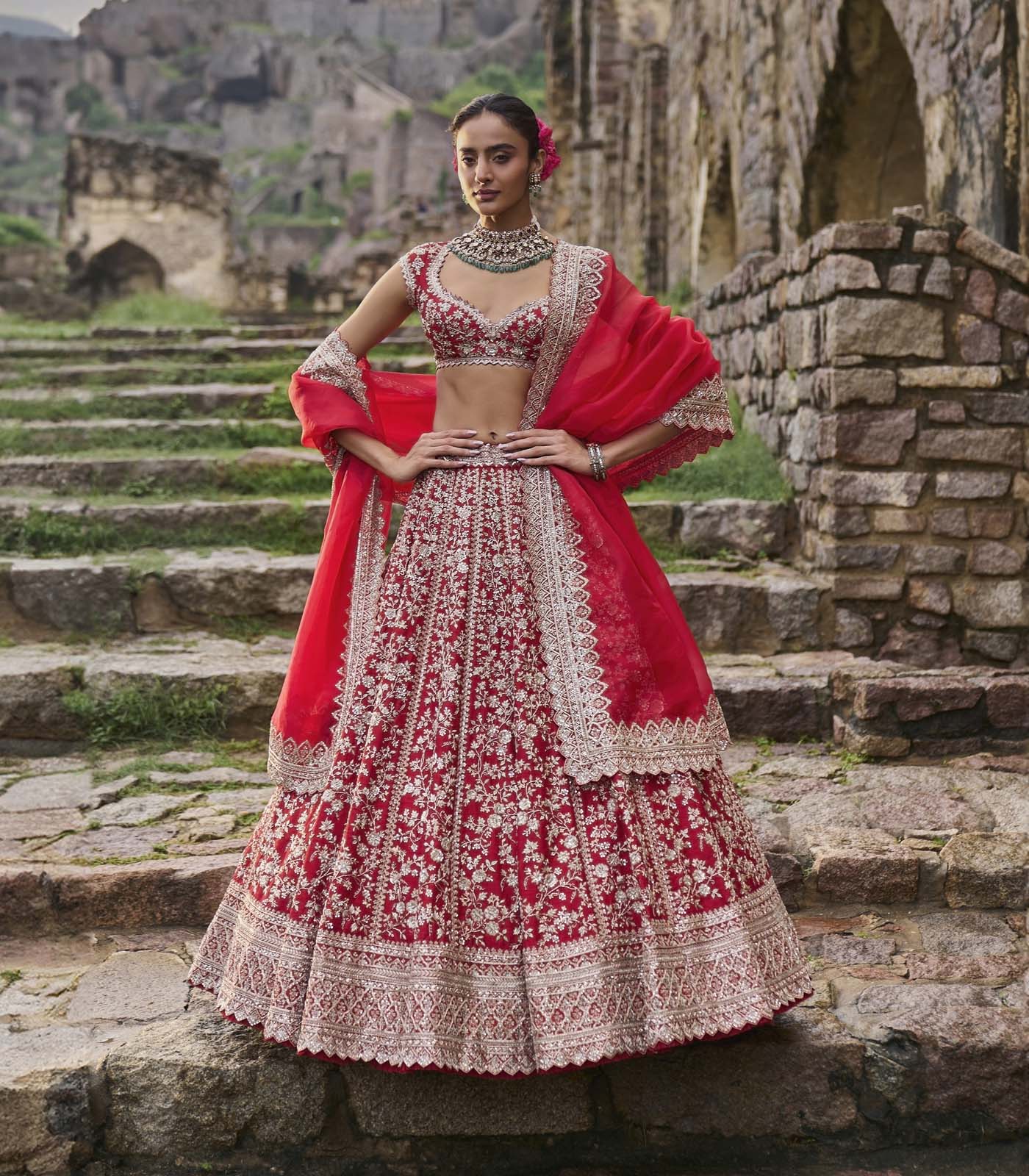 CY Anushree Reddy Red Divila Lehenga Set Frontside