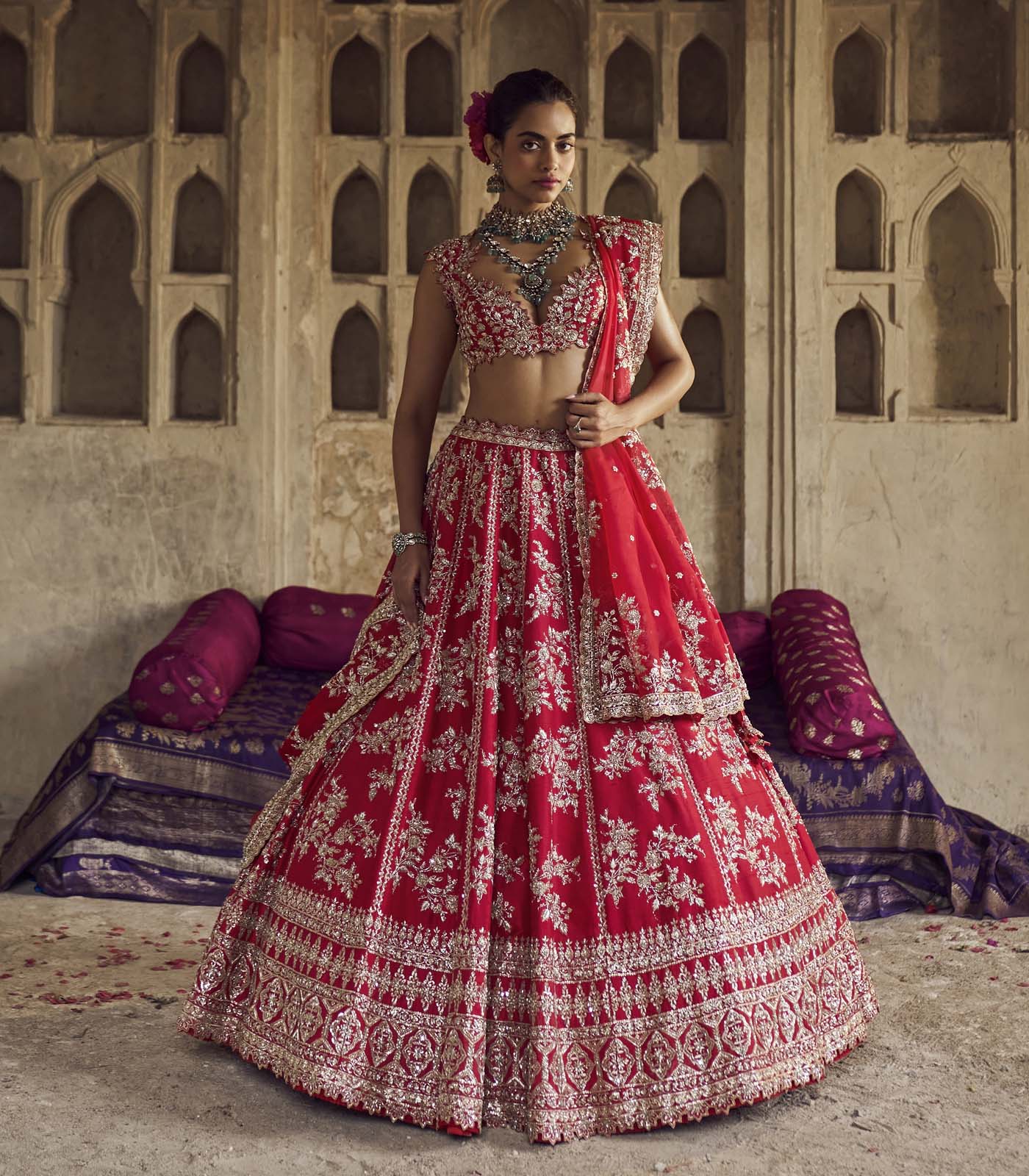 CY Anushree Reddy Red Roshini Lehenga Set Frontside