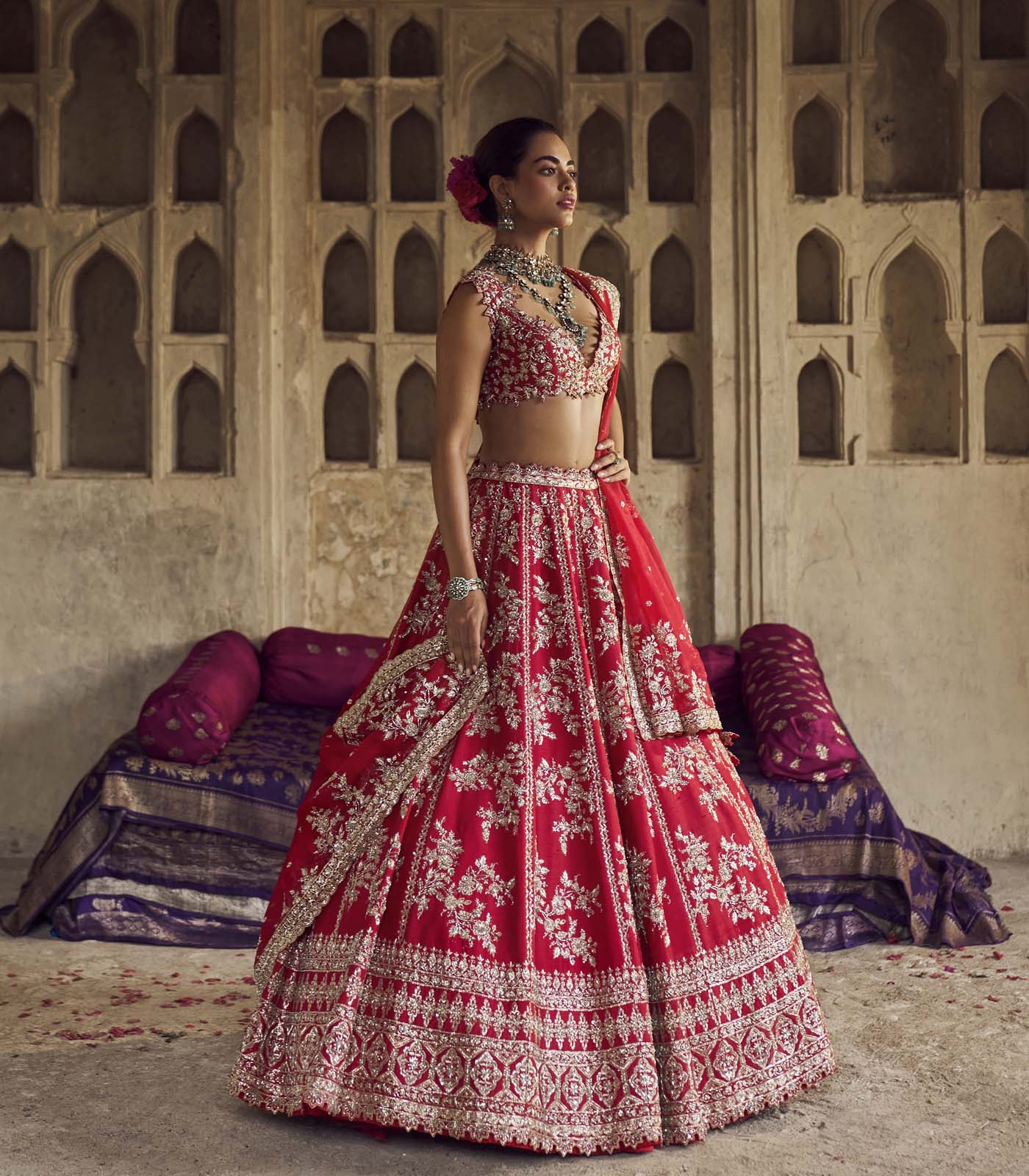 CY Anushree Reddy Red Roshini Lehenga Set Rightside