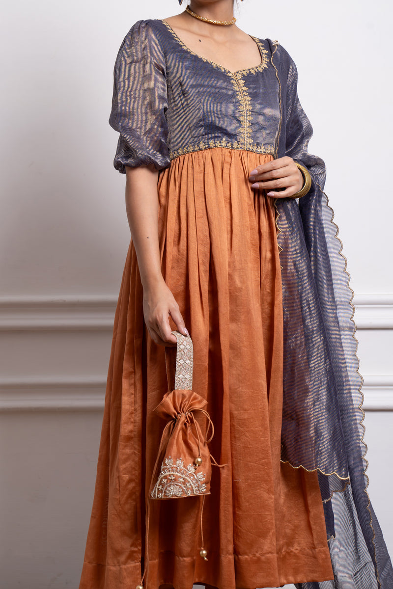  CY Vinusto Saffron Brown Embroidered Anarkali With Cotton Churidar Closeup 1