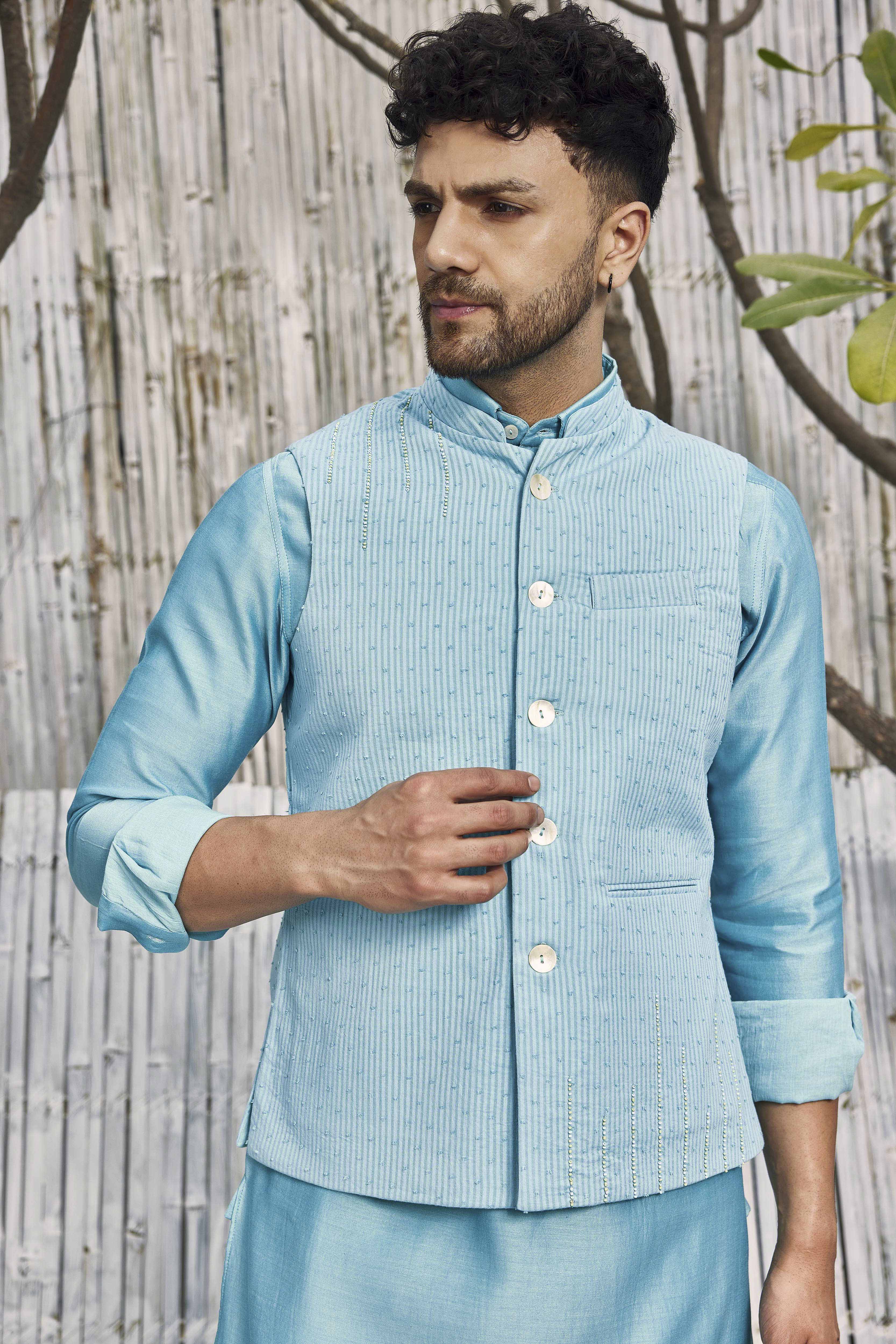 CY Charkhee Tropical Blue Cotton Bundi Jacket Closeup 1