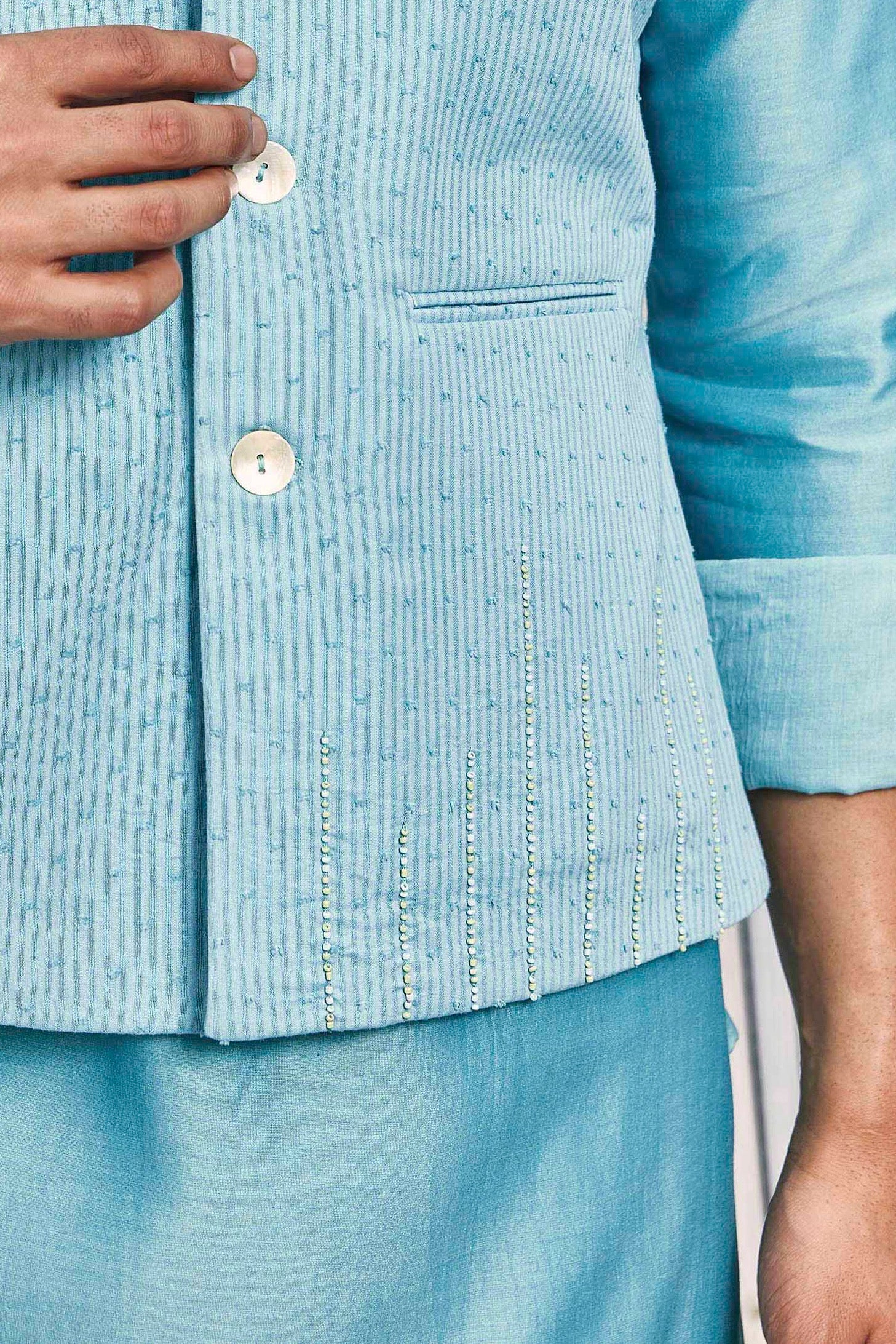 CY Charkhee Tropical Blue Cotton Bundi Jacket Closeup 2