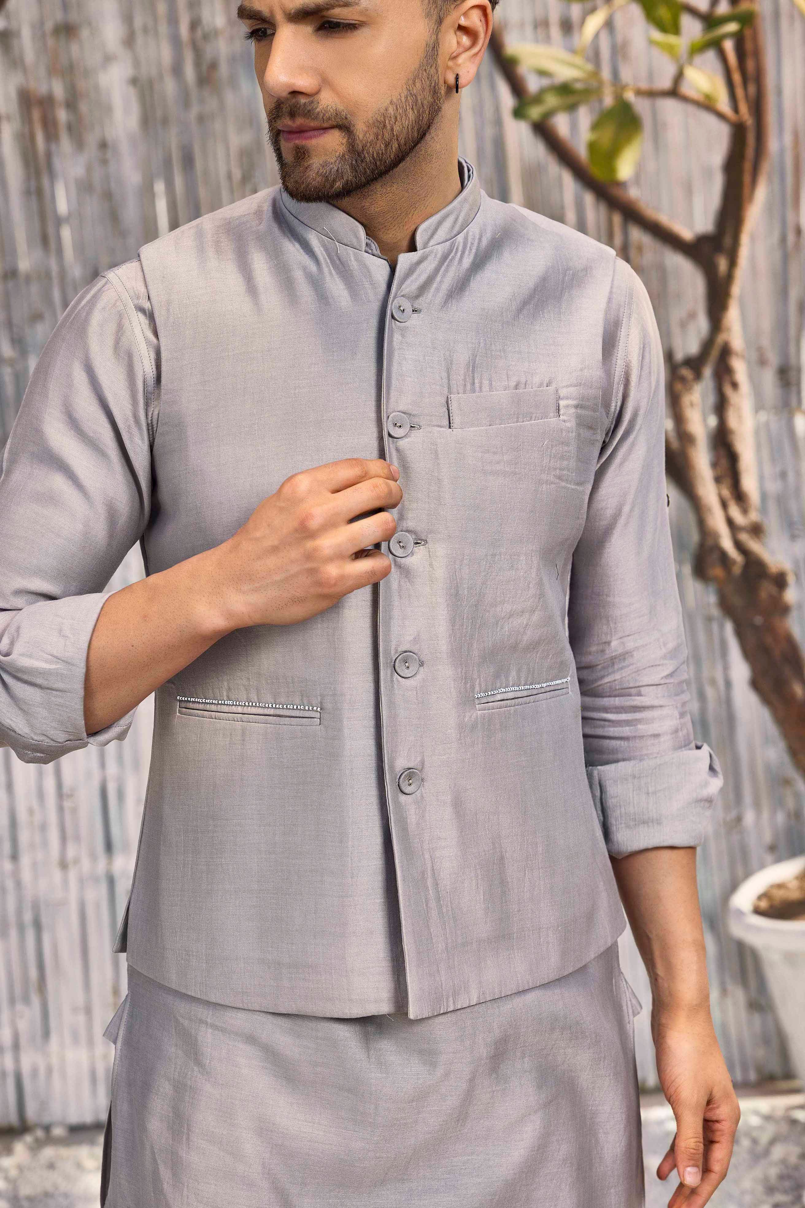 CY Charkhee Steel Grey Chanderi Bundi Jacket Closeup 2