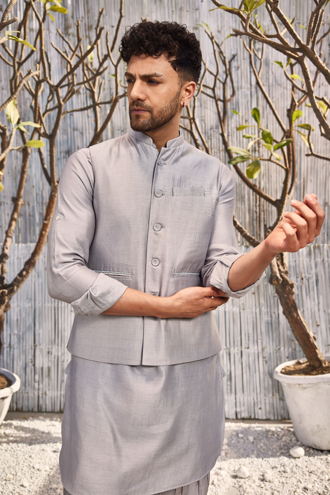 CY Charkhee Steel Grey Chanderi Bundi Jacket Closeup 1