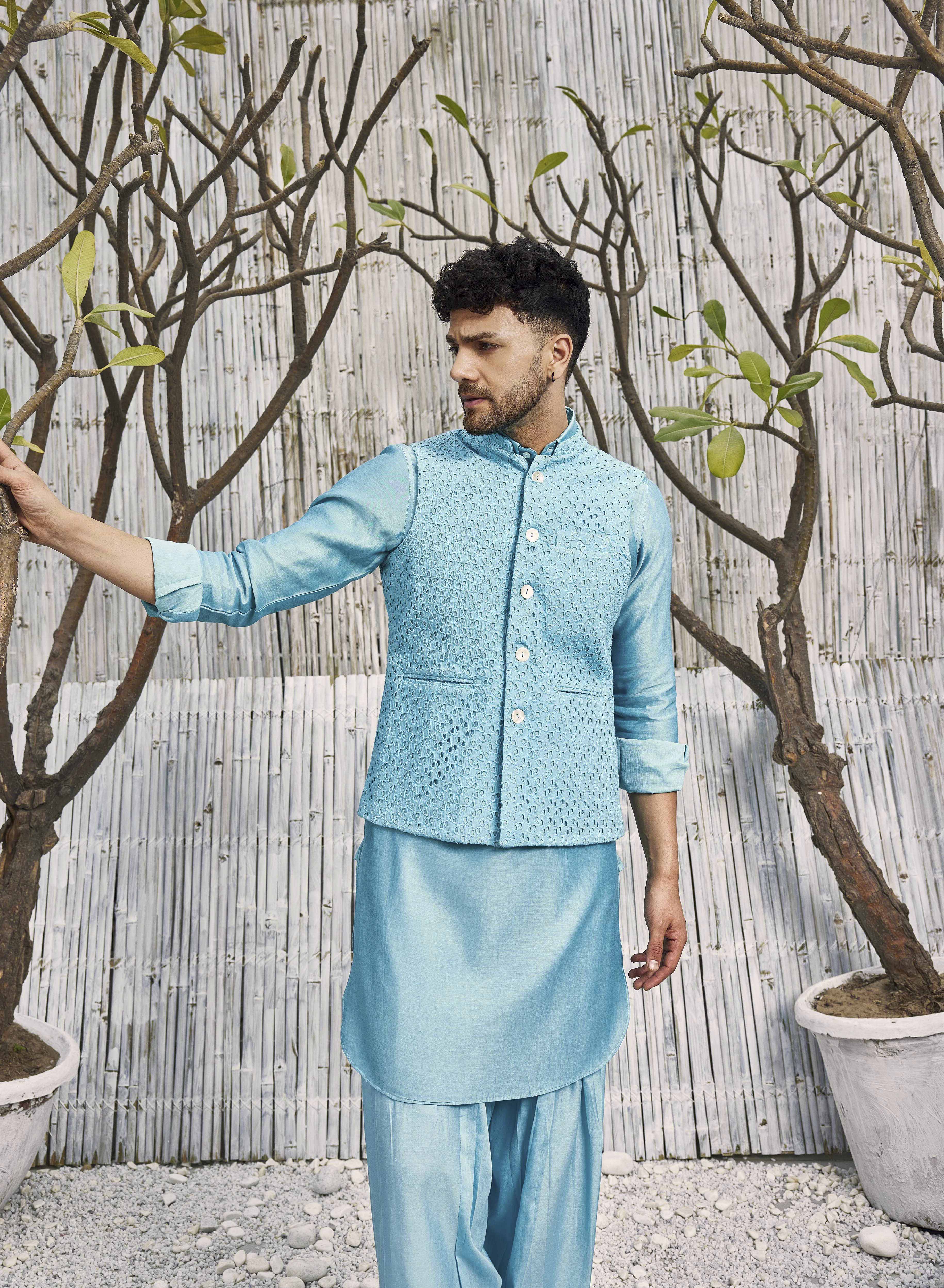 CY Charkhee Tropical Blue Cutwork Bundi Jacket Closeup 1