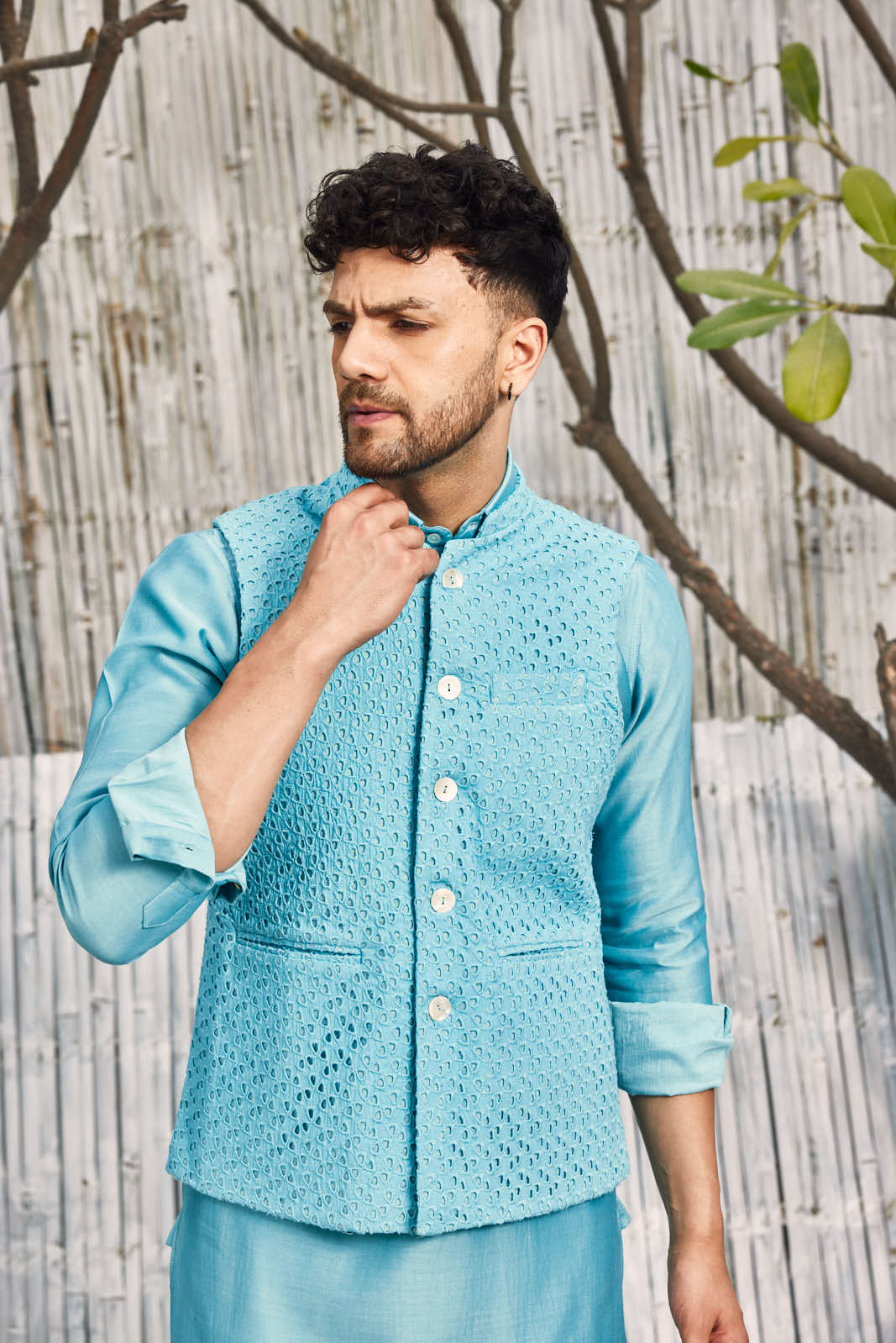 CY Charkhee Tropical Blue Cutwork Bundi Jacket Closeup 2