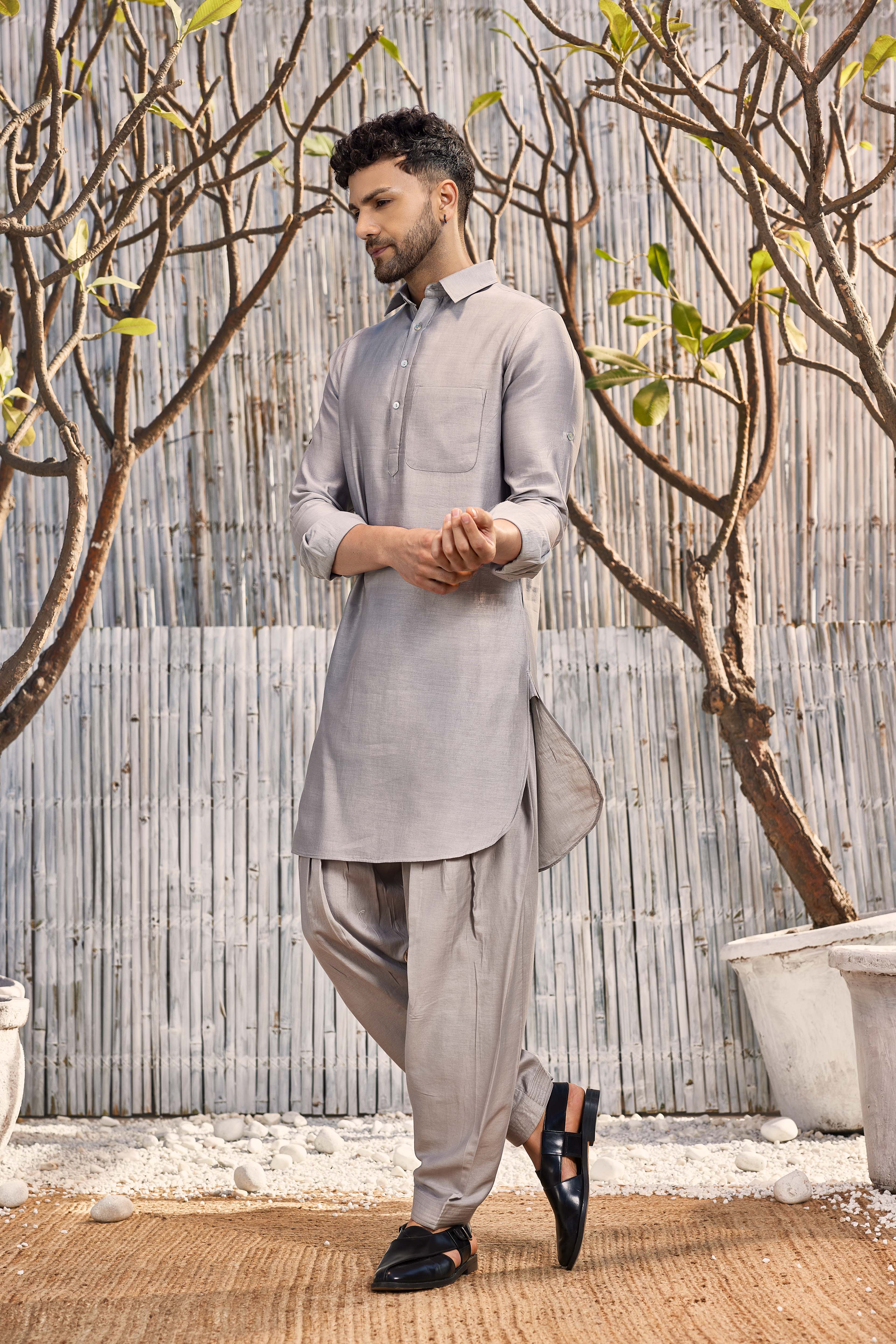 CY Charkhee Steel Grey Chanderi Pathani With Salwar Side 1