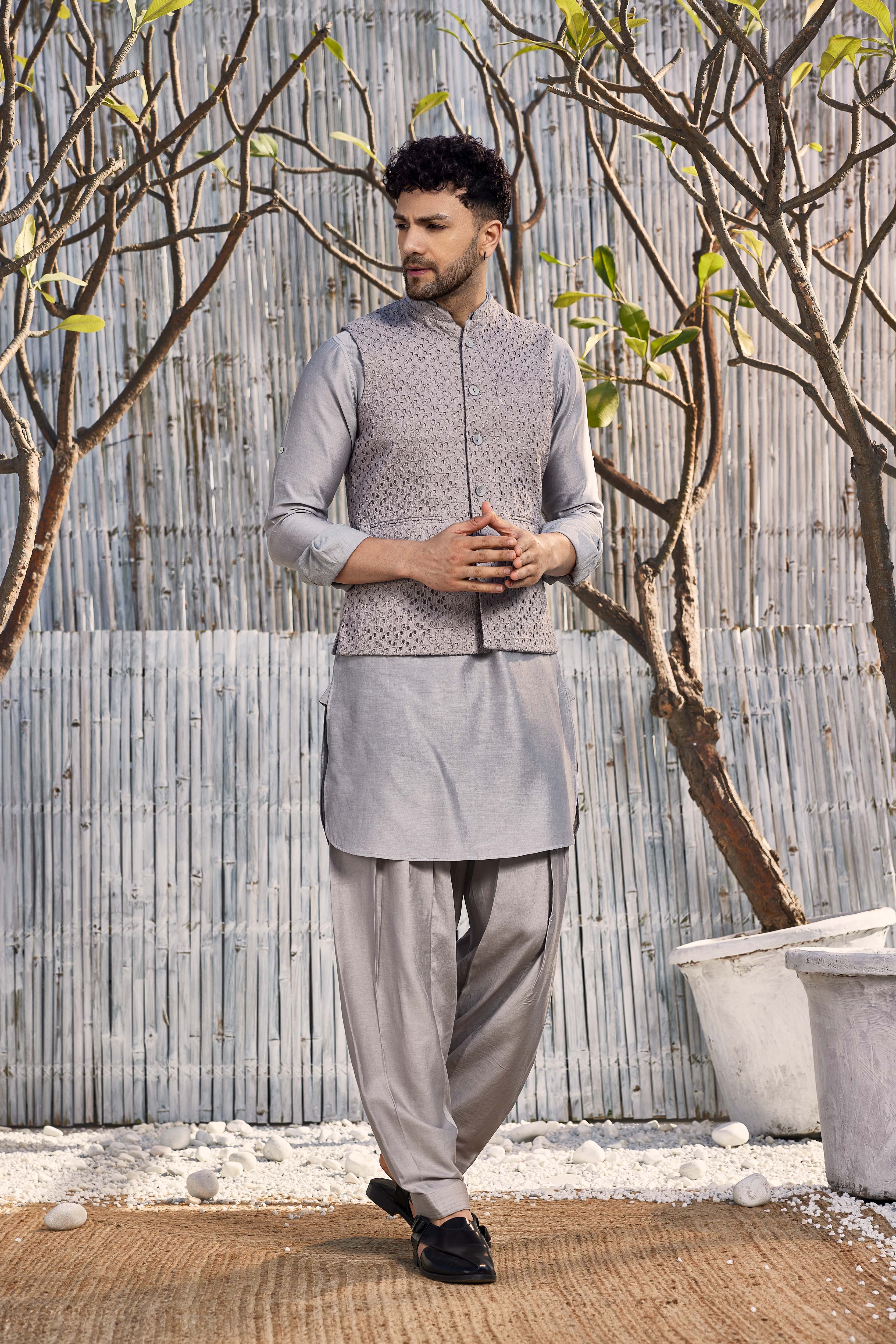 CY Charkhee Steel Grey Chanderi Pathani With Salwar Front 2