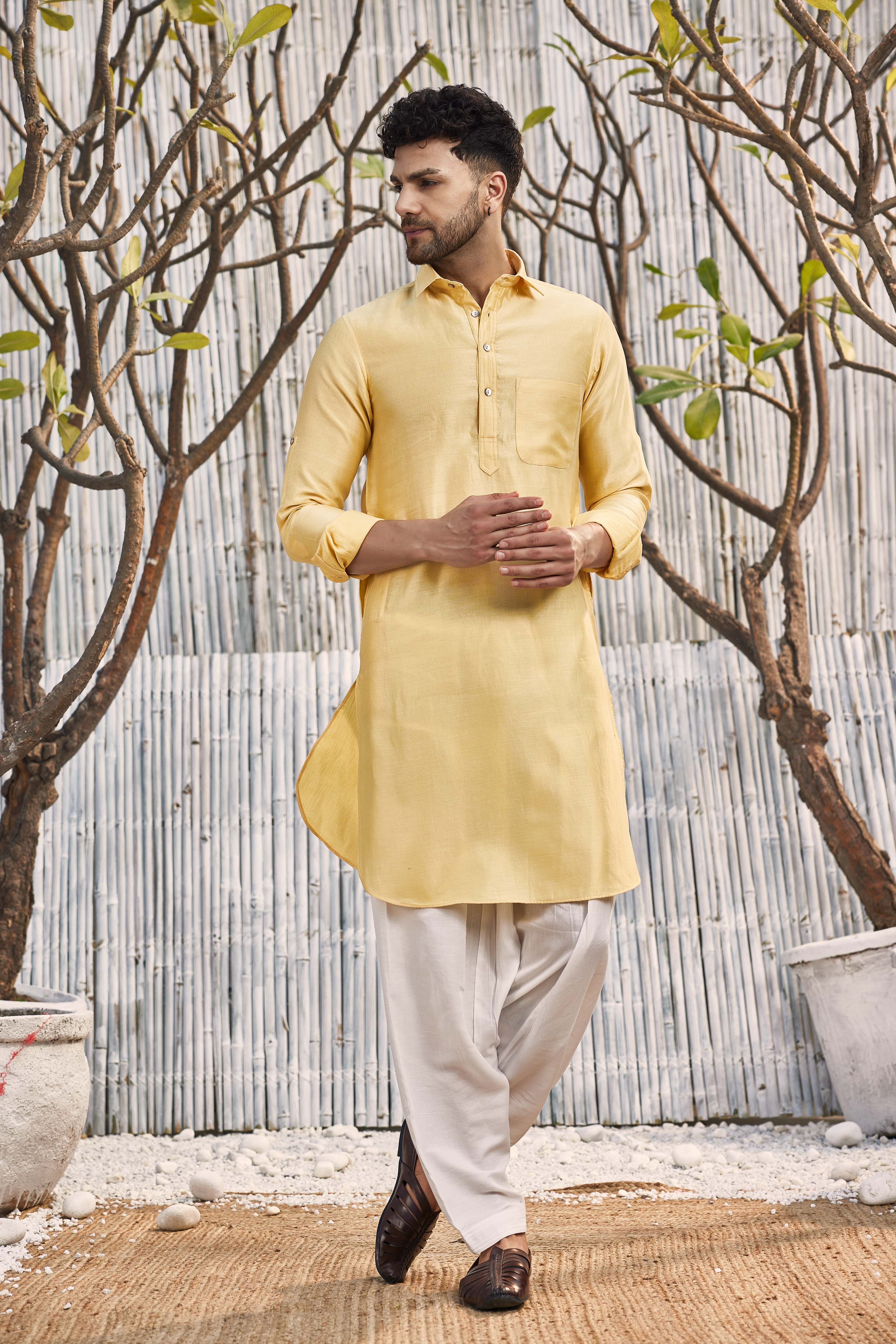 CY Charkhee Yellow Chanderi Pathani With Salwar Front 1