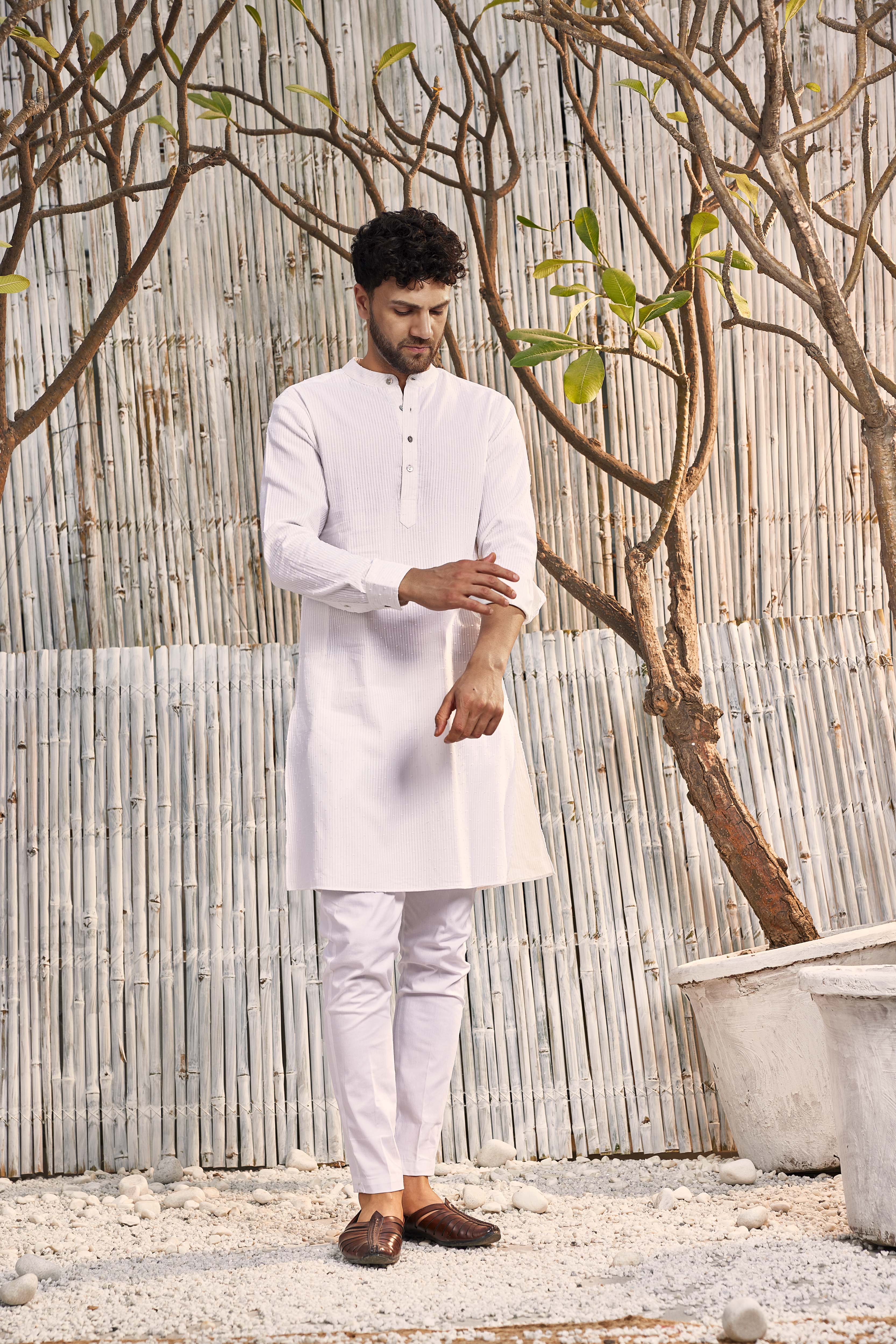 CY Charkhee Off-White Cotton Straight Kurta With Pant Front 1