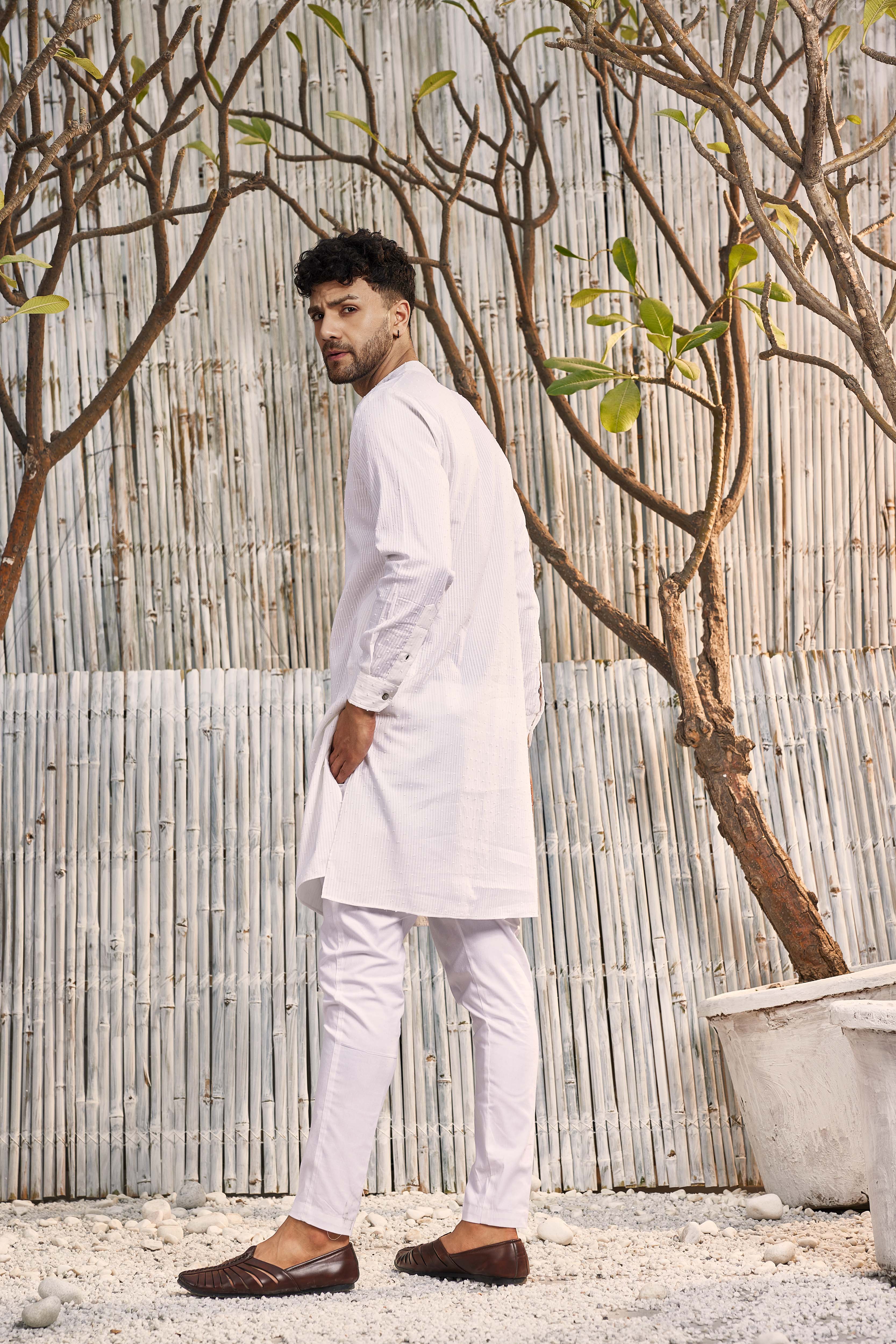 CY Charkhee Off-White Cotton Straight Kurta With Pant Back 2