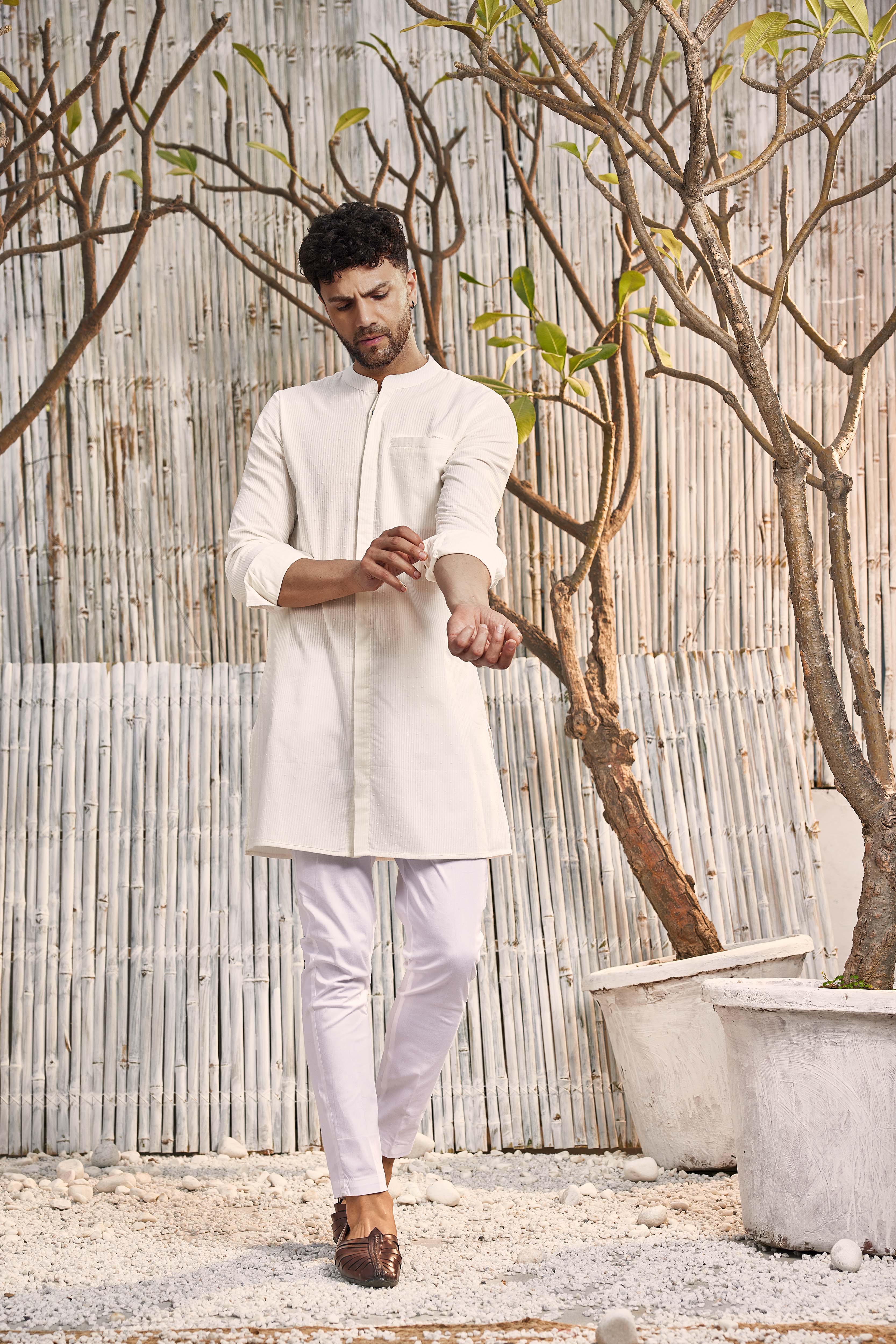 CY Charkhee Off-White Cotton Placket Kurta With Pant Front 1