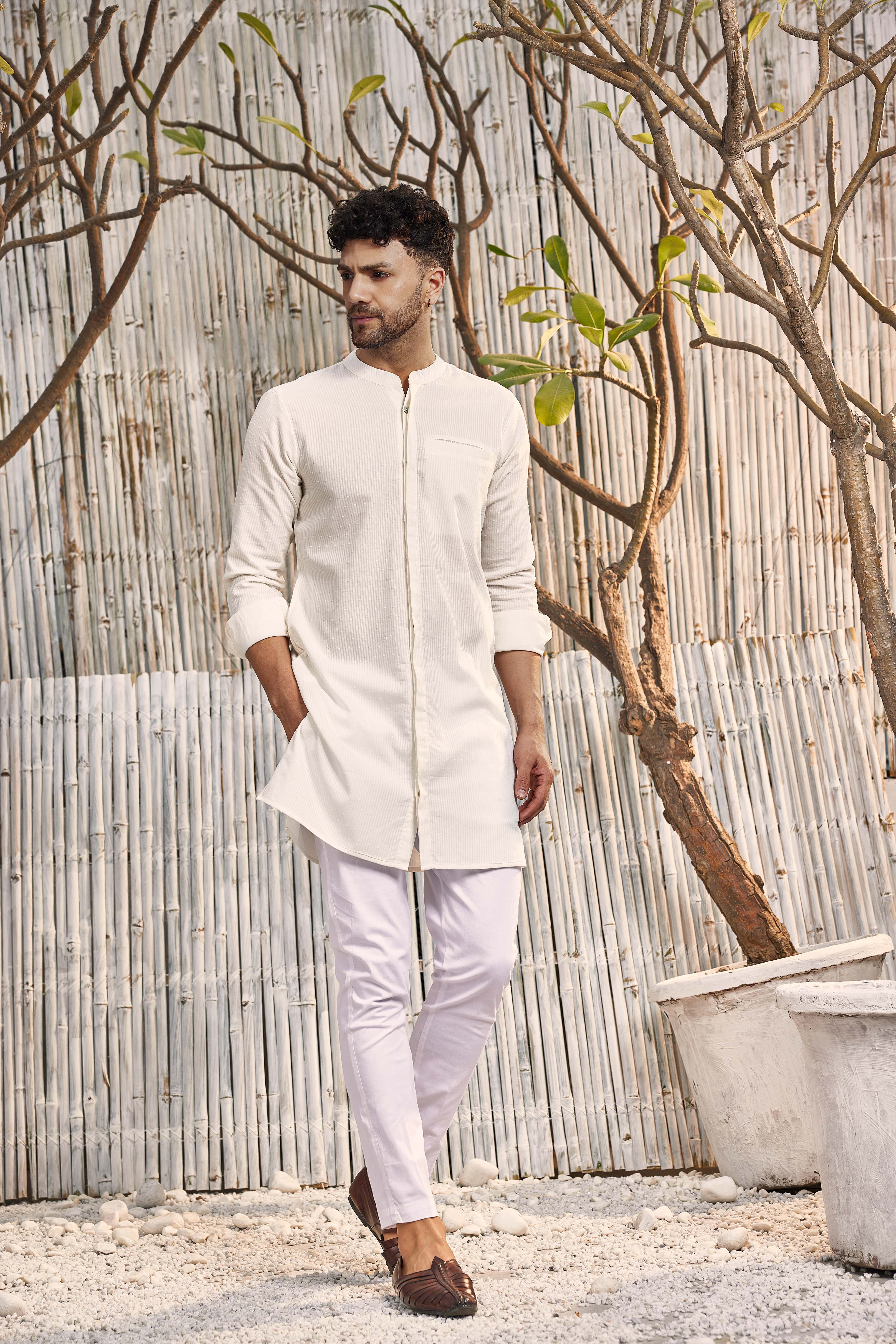 CY Charkhee Off-White Cotton Placket Kurta With Pant Front 2