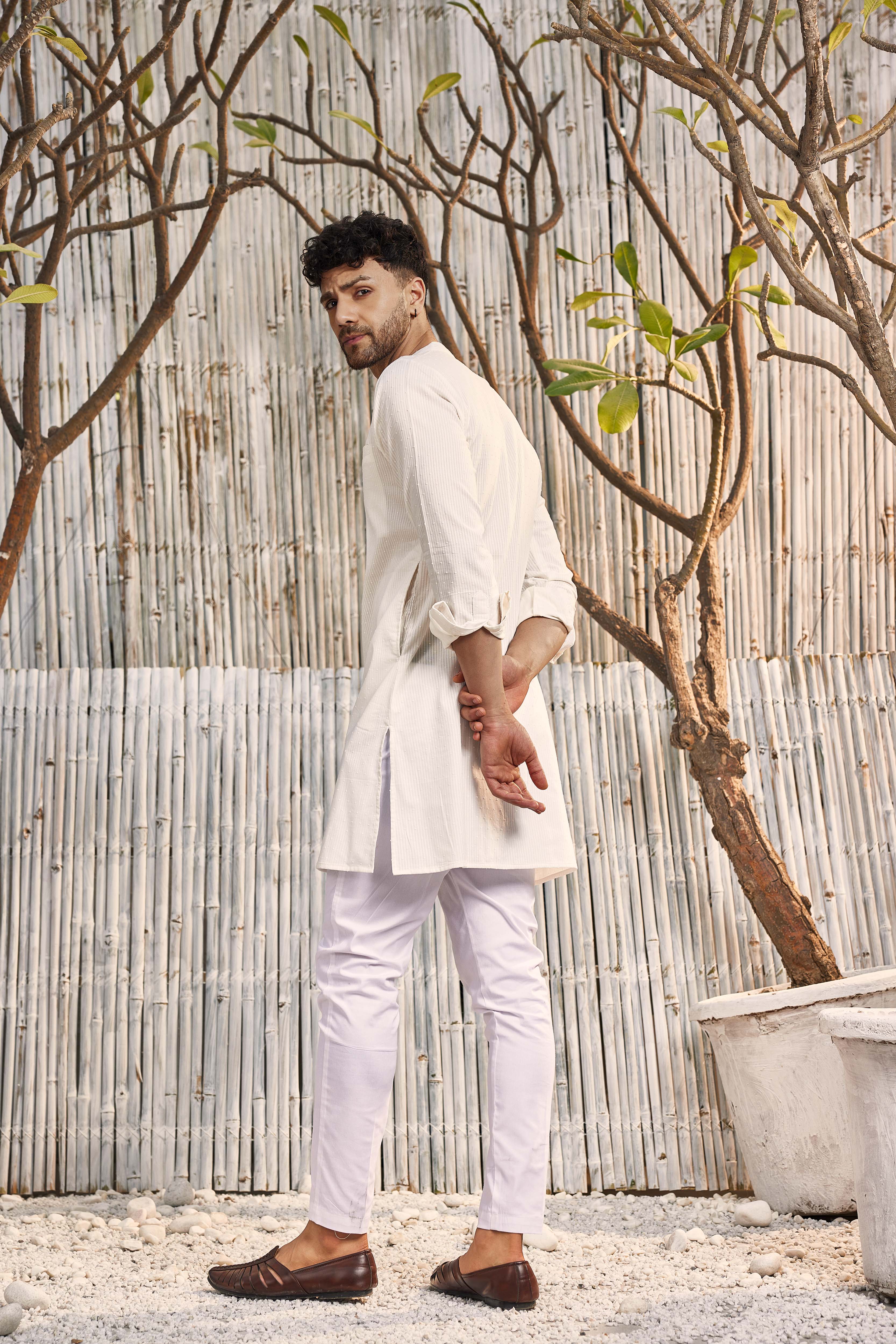 CY Charkhee Off-White Cotton Placket Kurta With Pant Back 1