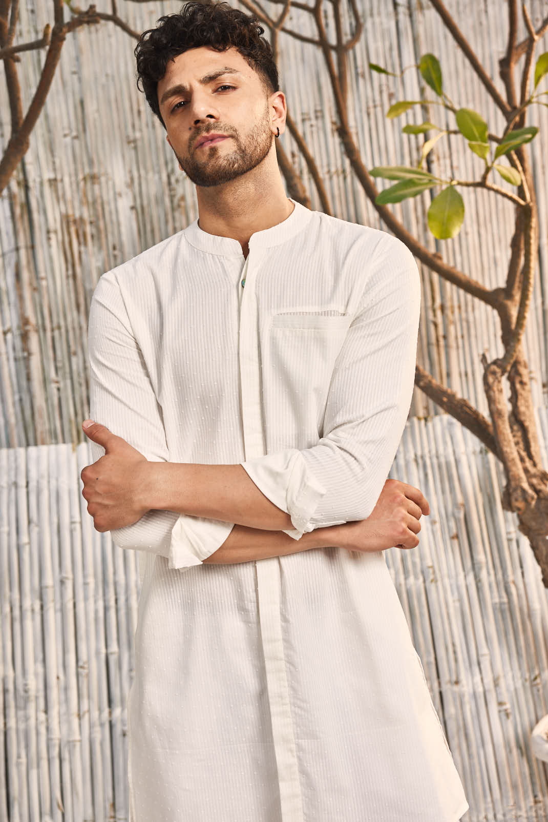 CY Charkhee Off-White Cotton Placket Kurta With Pant Closeup 2