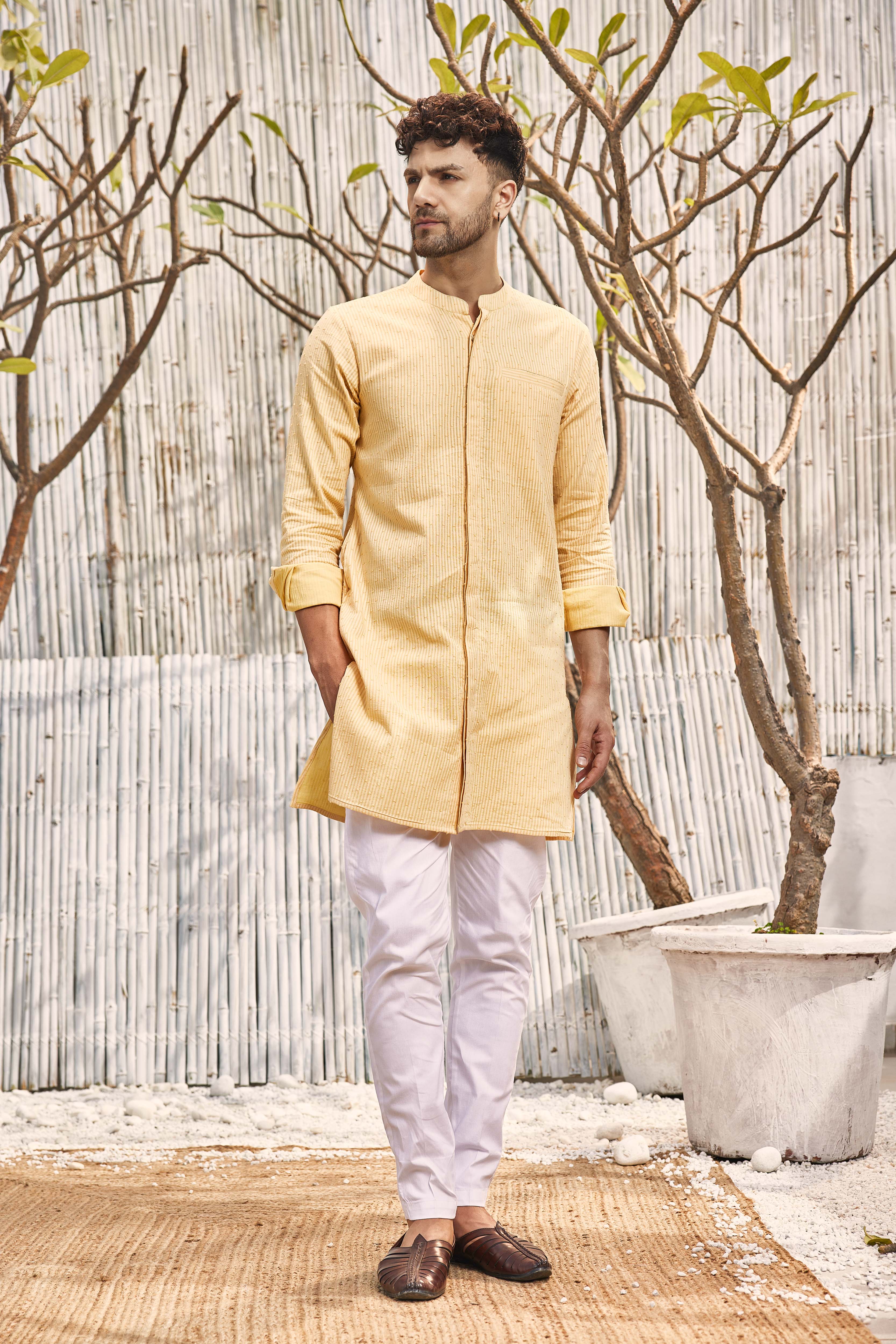 CY Charkhee Pastel Yellow Cotton Placket Kurta With Pant Front 1