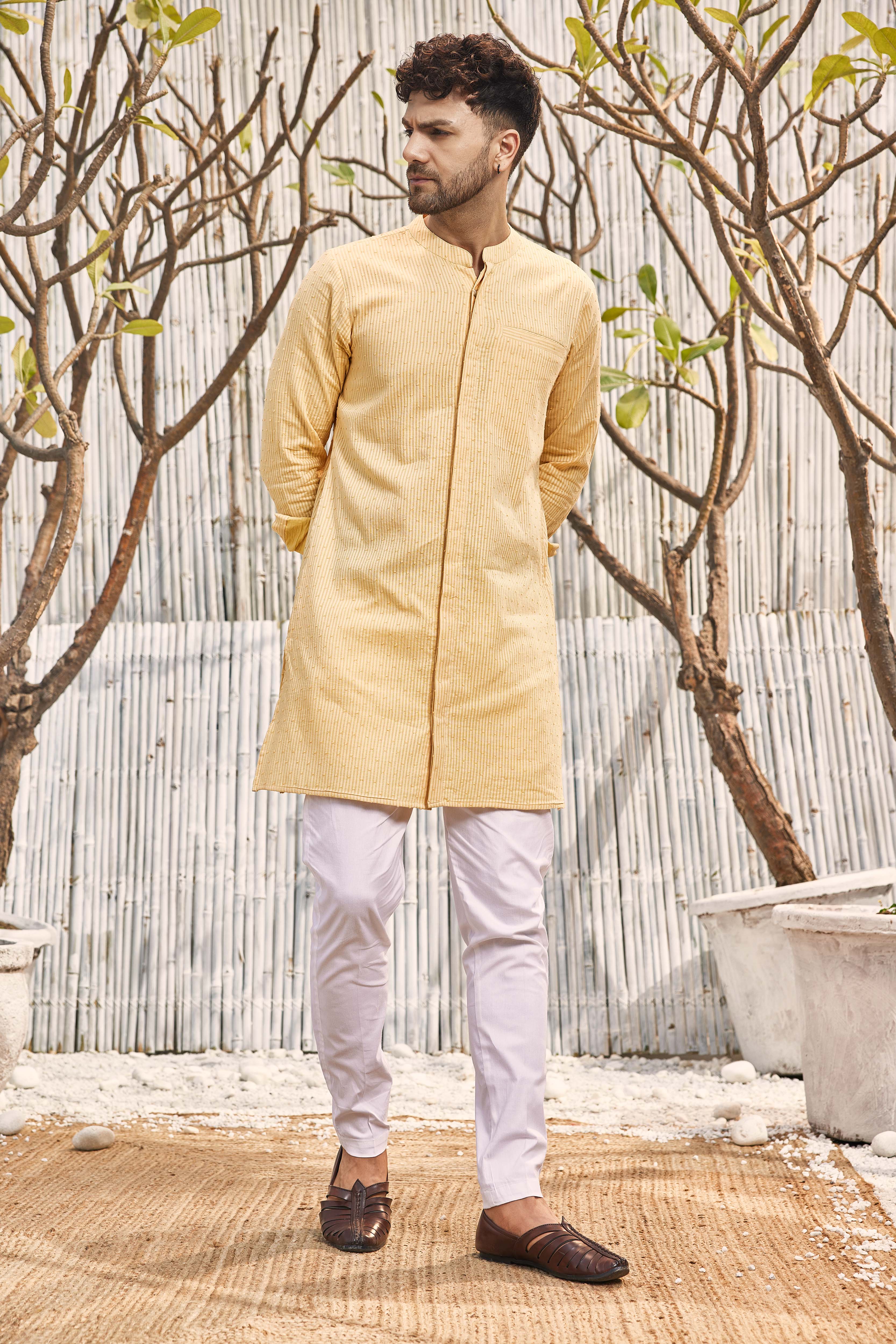 CY Charkhee Pastel Yellow Cotton Placket Kurta With Pant Front 2