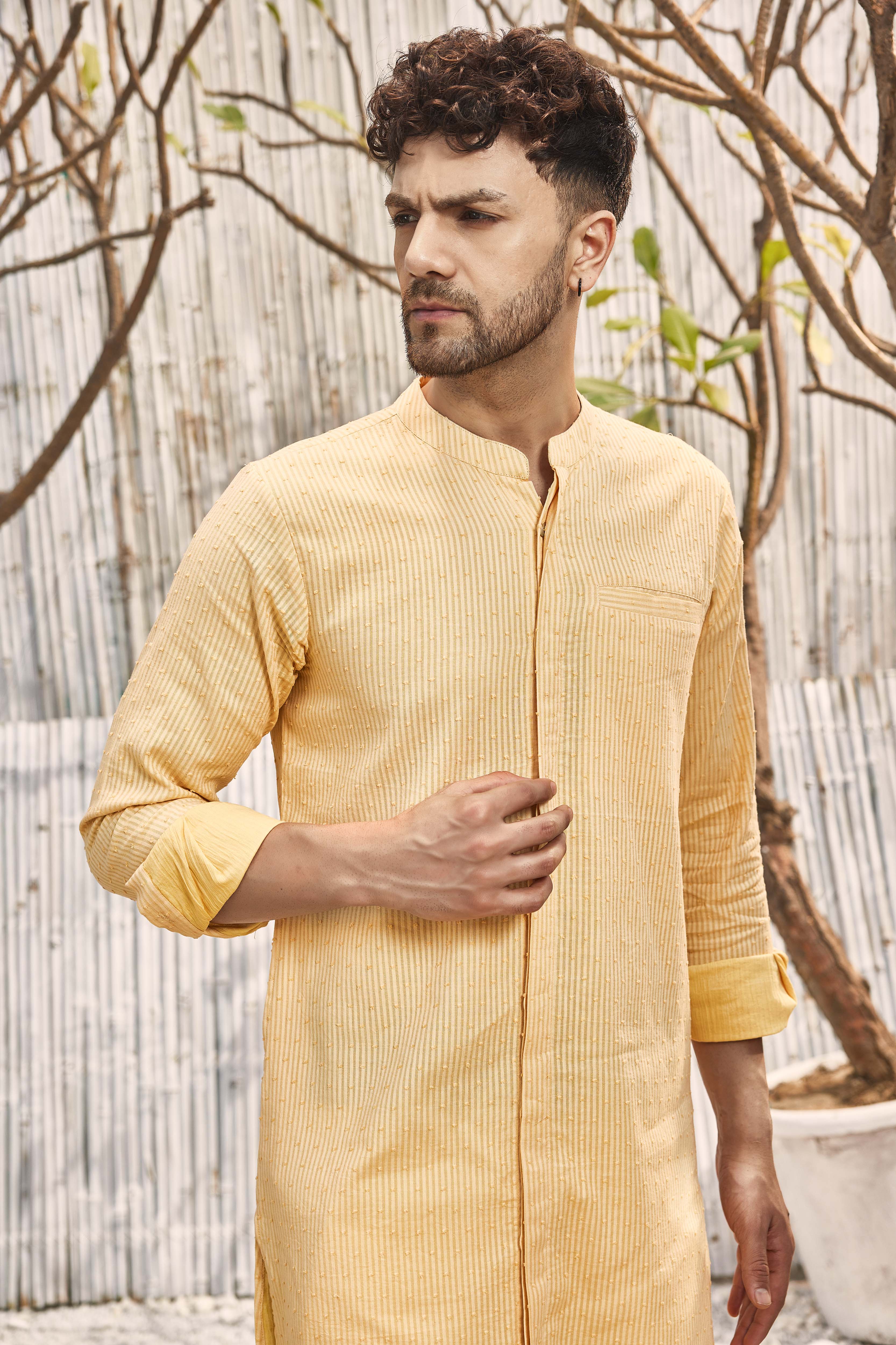 CY Charkhee Pastel Yellow Cotton Placket Kurta Closeup 1