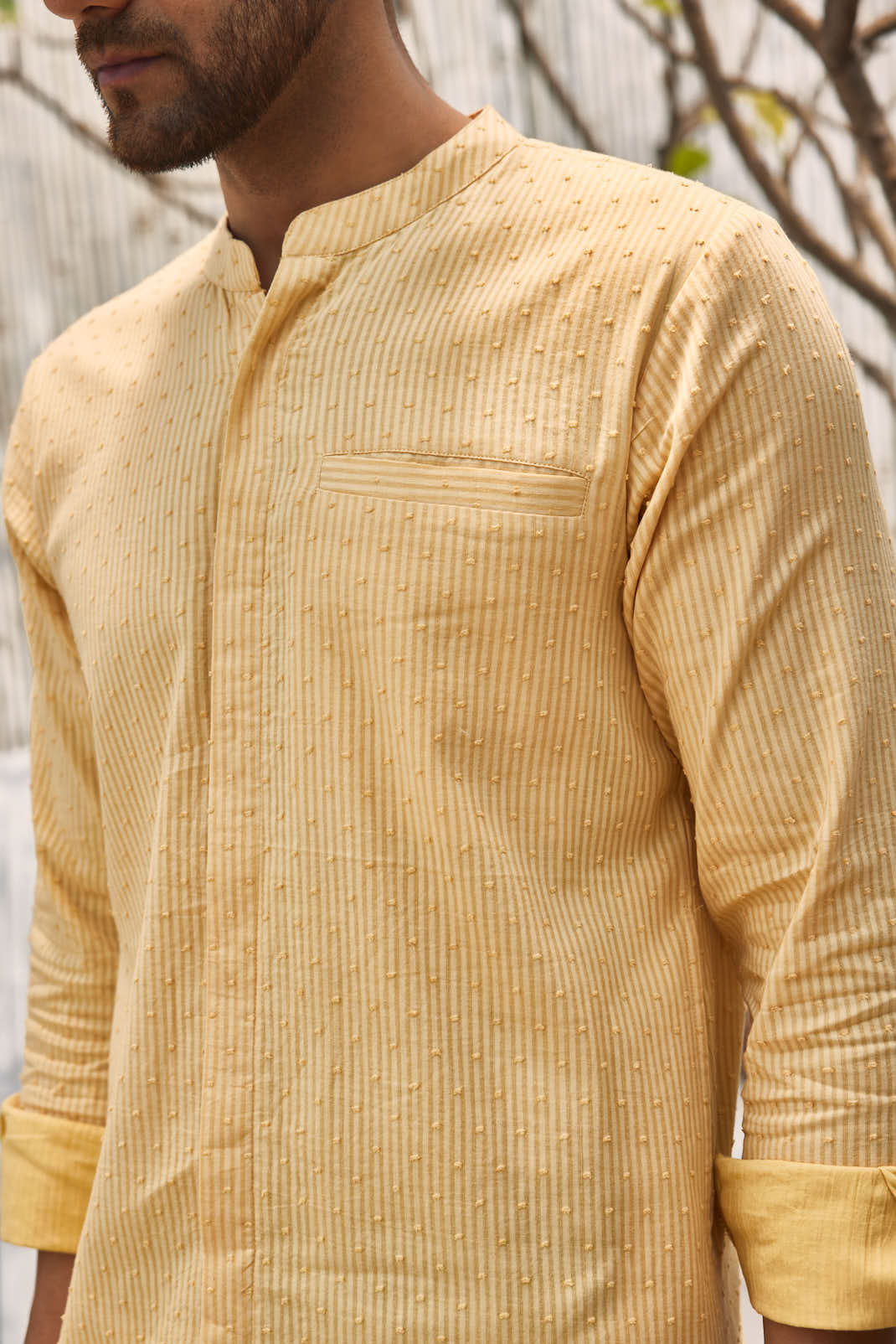 CY Charkhee Pastel Yellow Cotton Placket Kurta With Pant Closeup 3