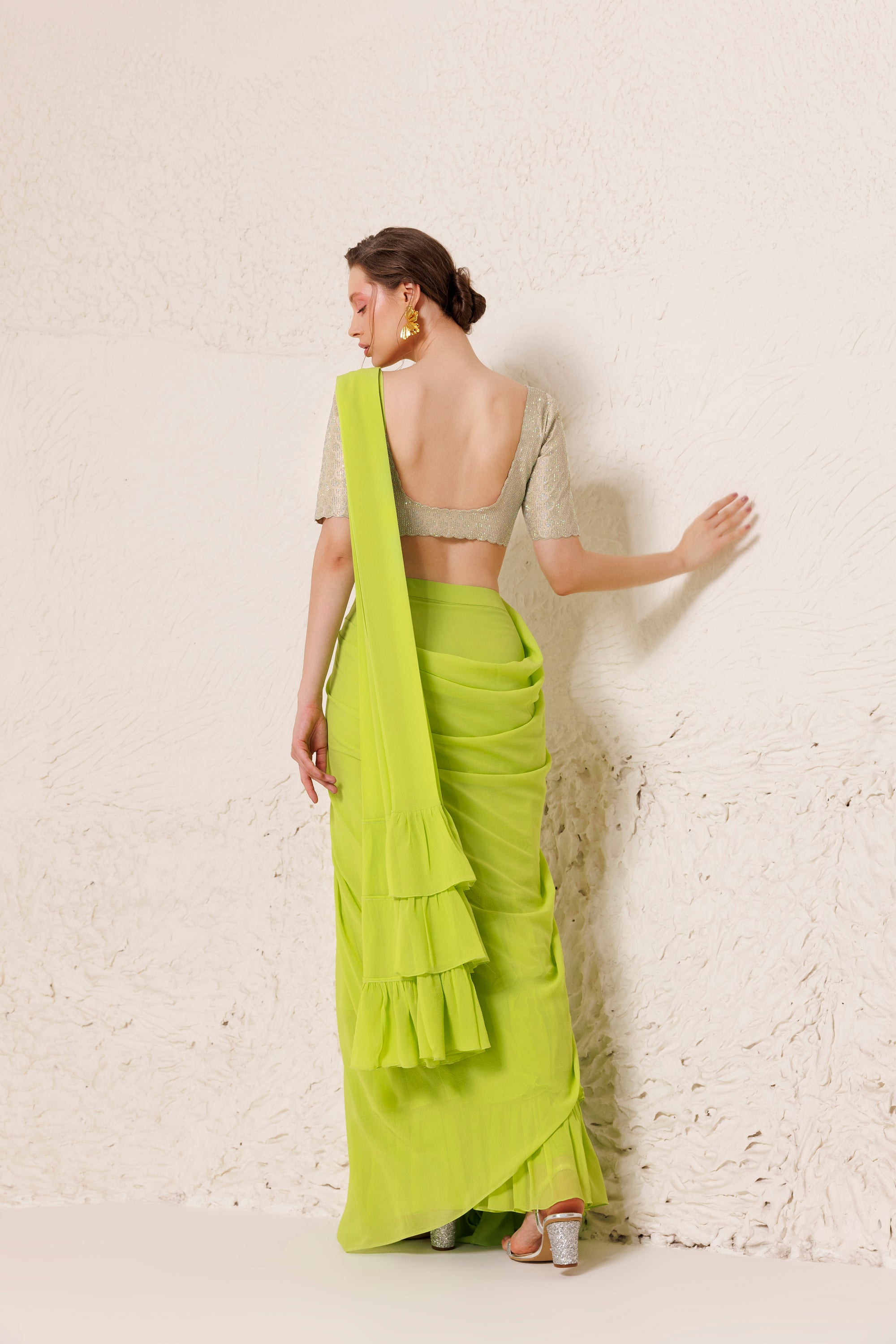 CY Chhaya Mehrotra Chartreuse Saree Back 1