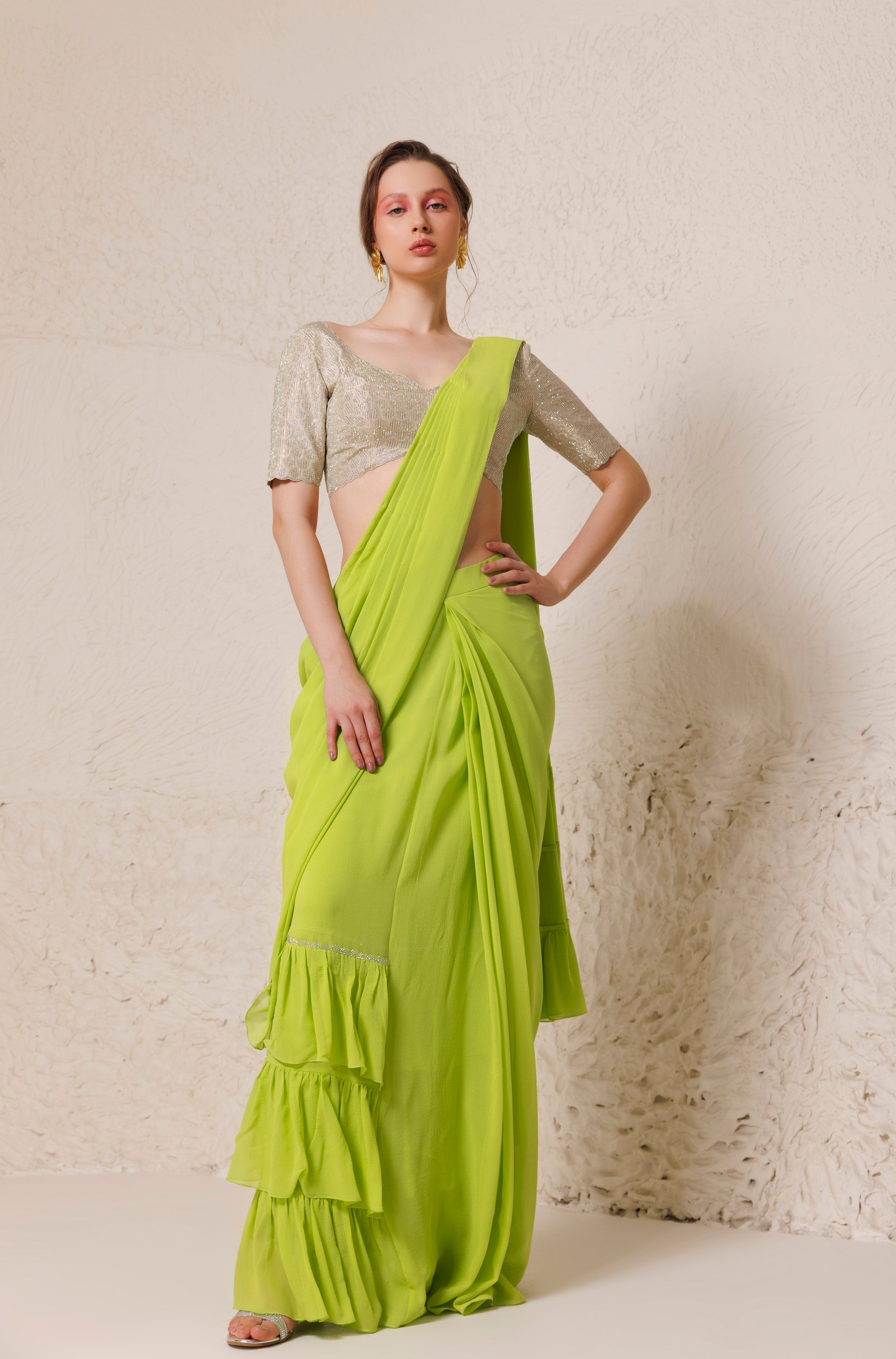 CY Chhaya Mehrotra Chartreuse Saree Front 1