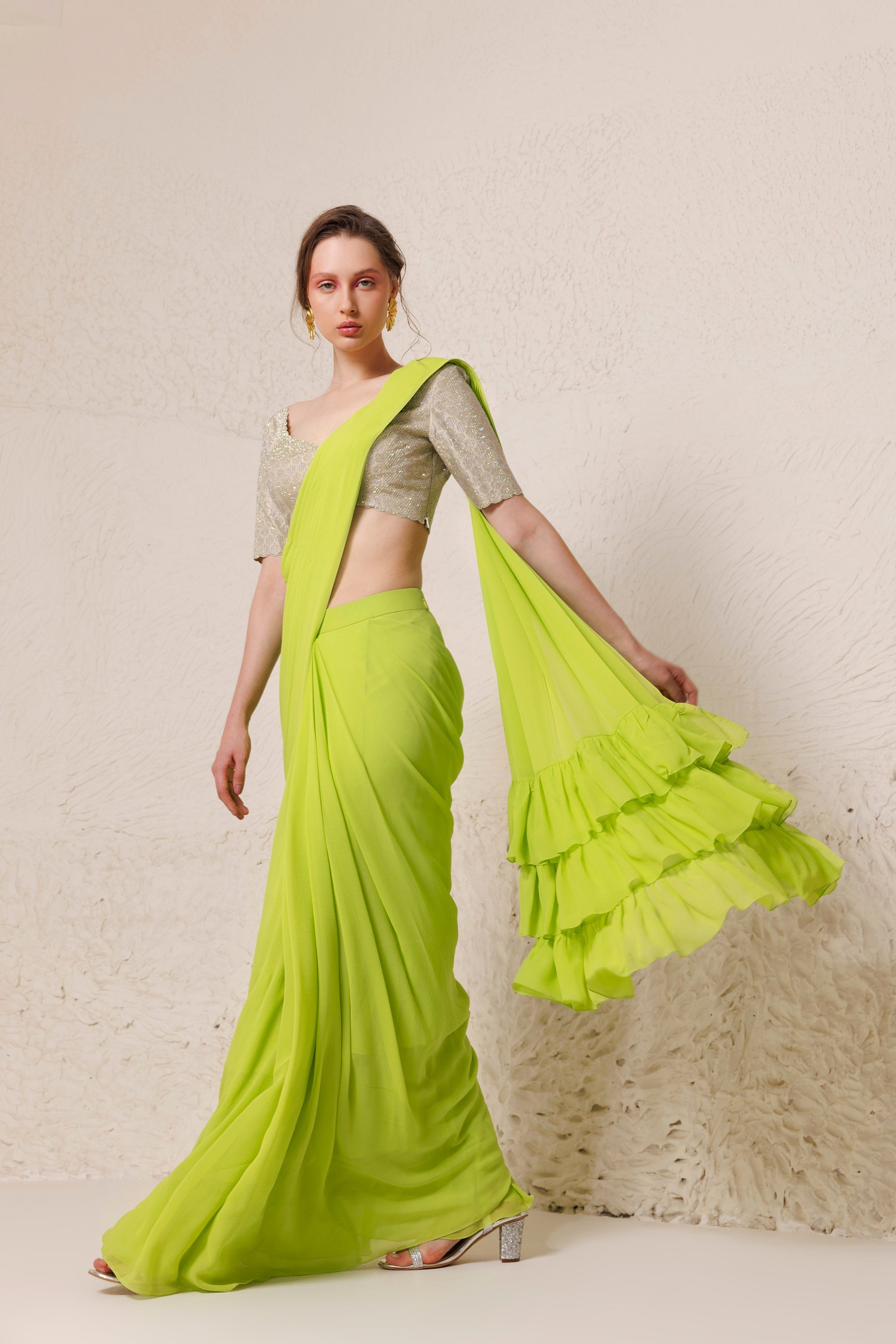 CY Chhaya Mehrotra Chartreuse Saree Front 2