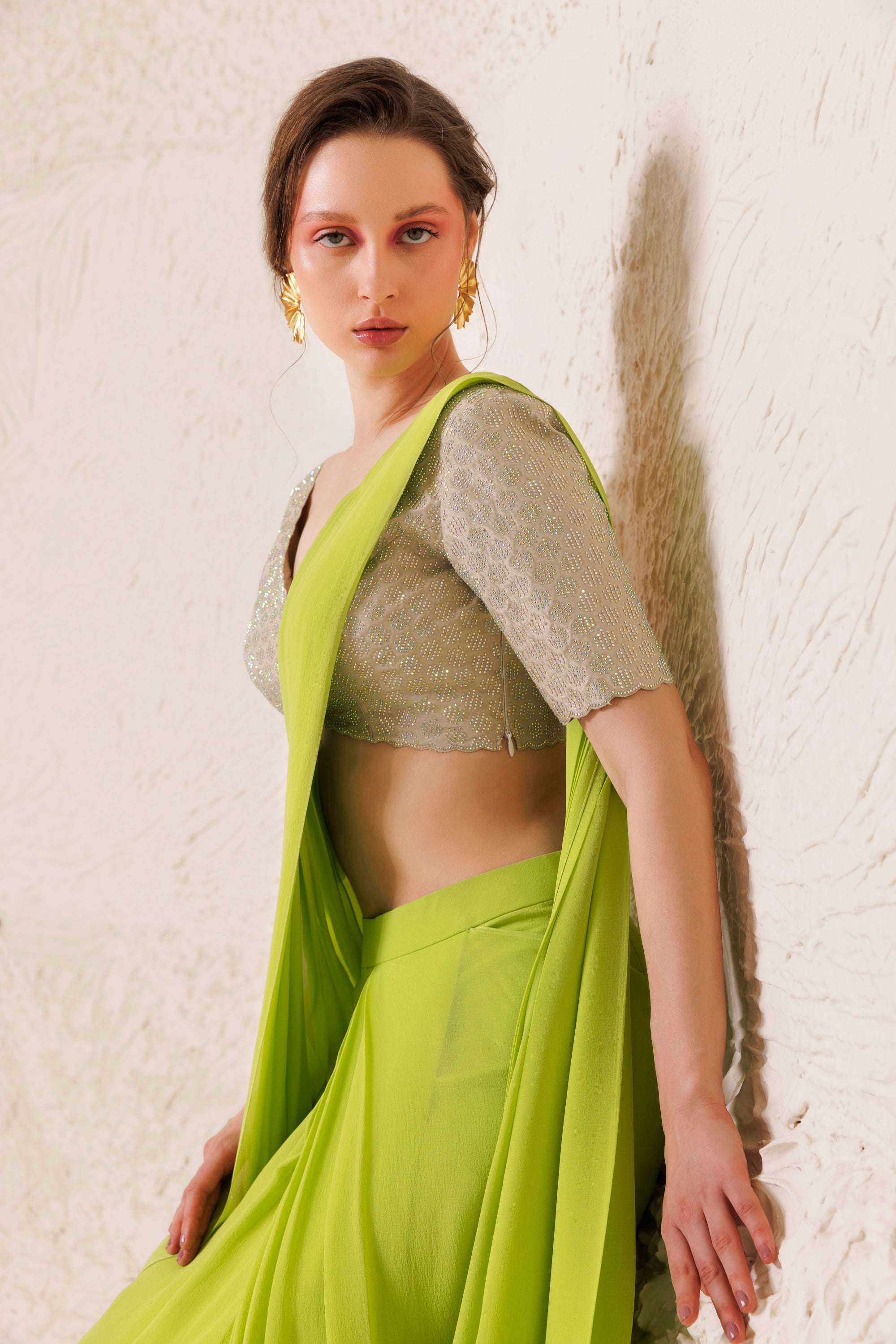 CY Chhaya Mehrotra Chartreuse Saree Side 1