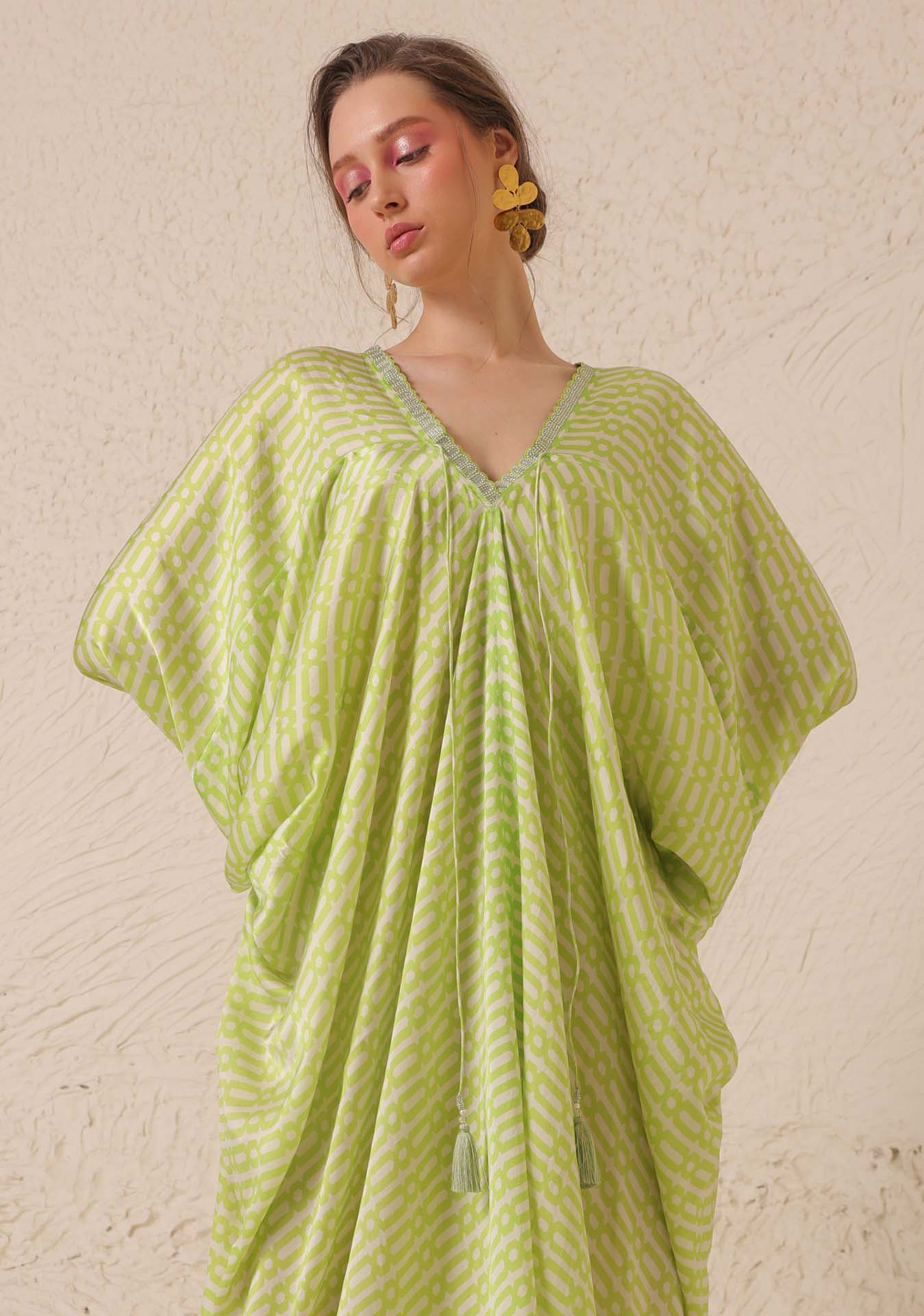 CY Chhaya Mehrotra Lush Green Kaftan Closeup 1