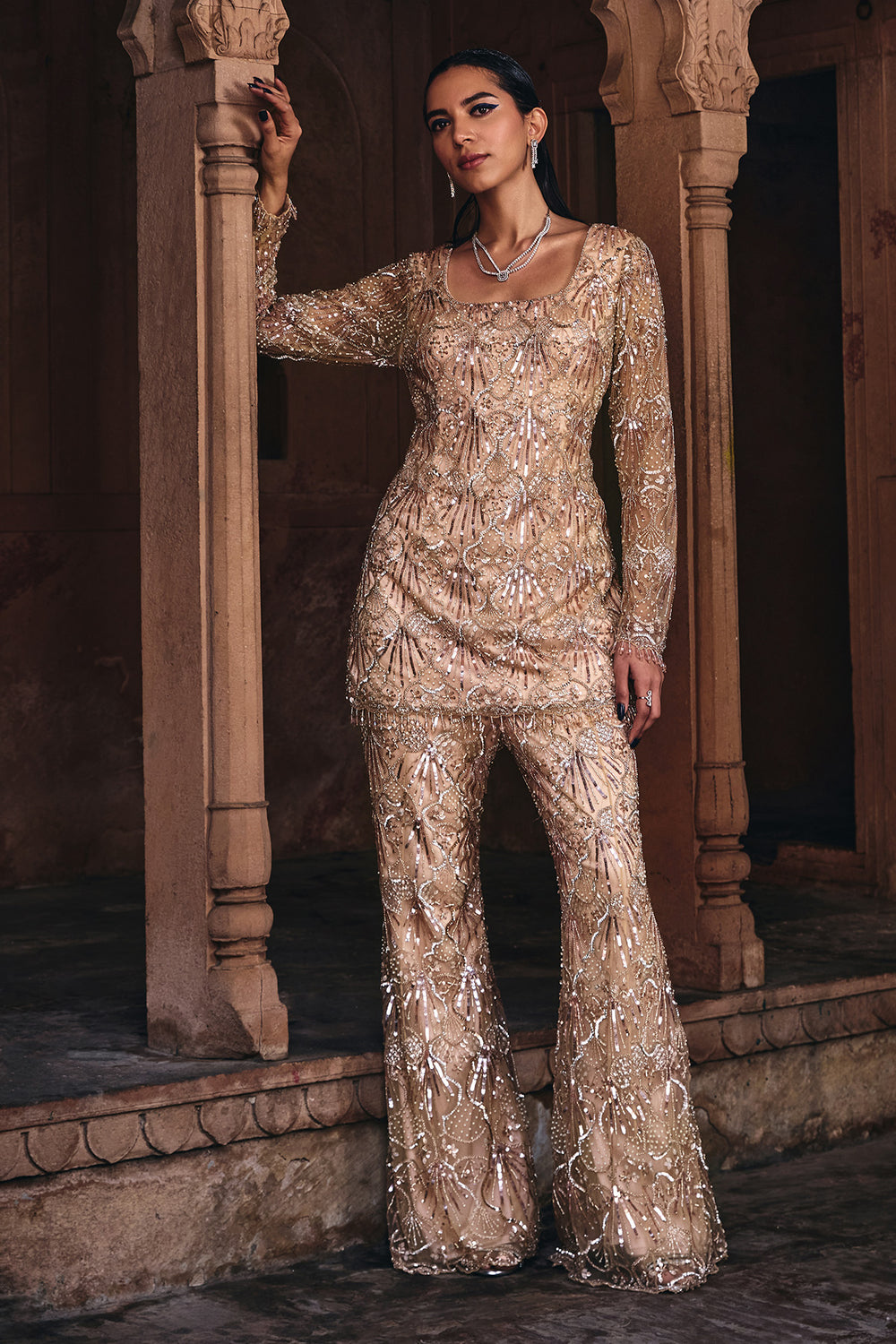 Champagne Gold Embroidered Kurti Set