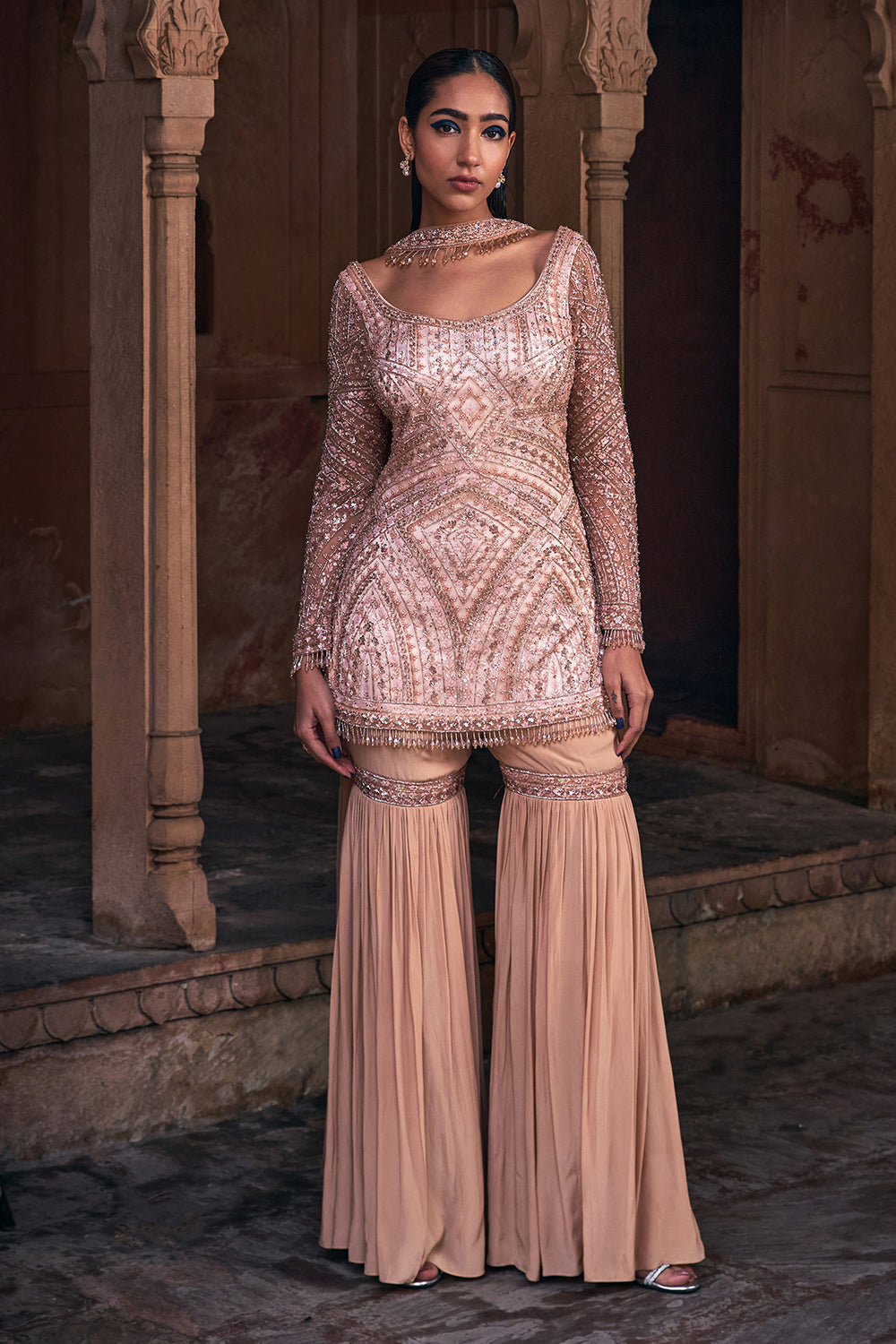 Champagne Gold Embroidered Kurti Set