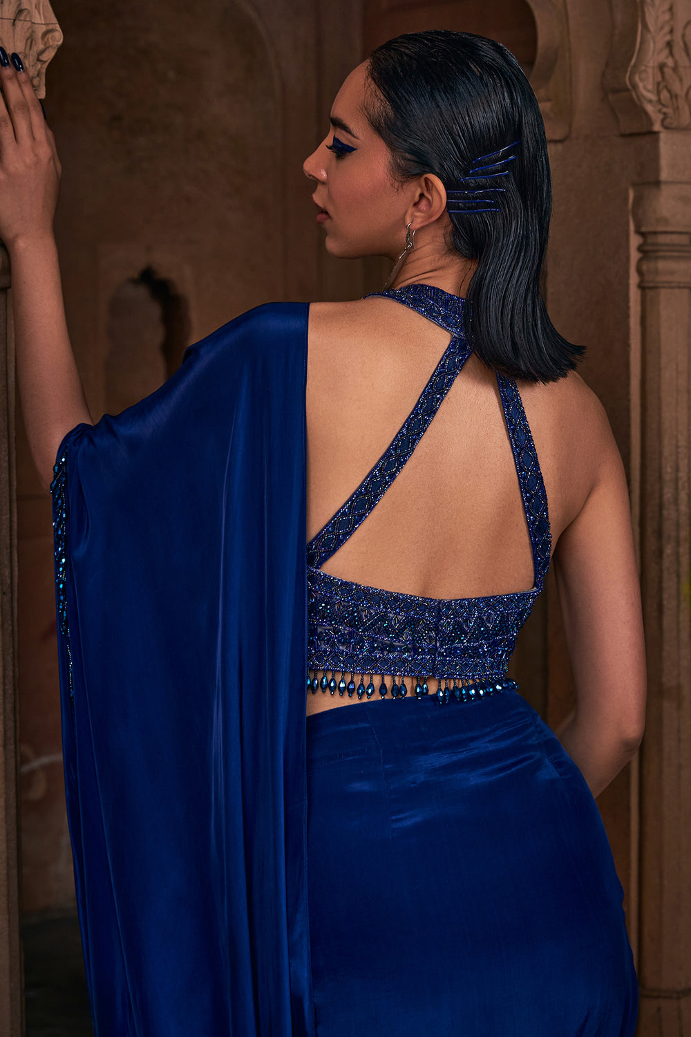 Dark Blue Embroidered Saree Set