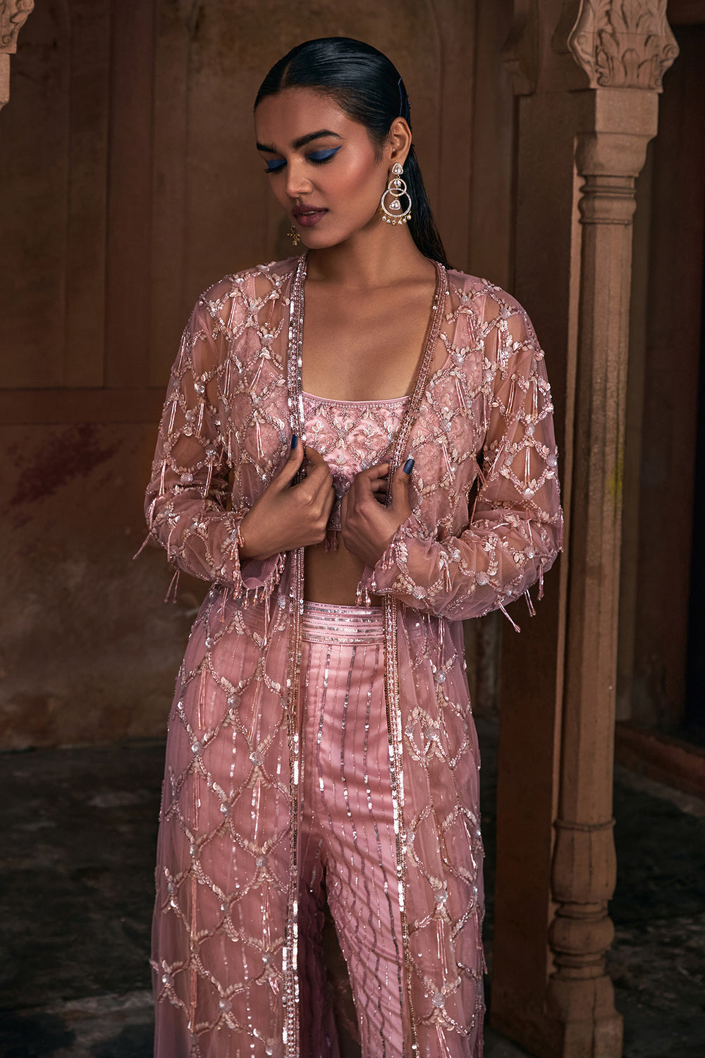 Onion Pink Full Embroidered Long Jacket Crop Top Set