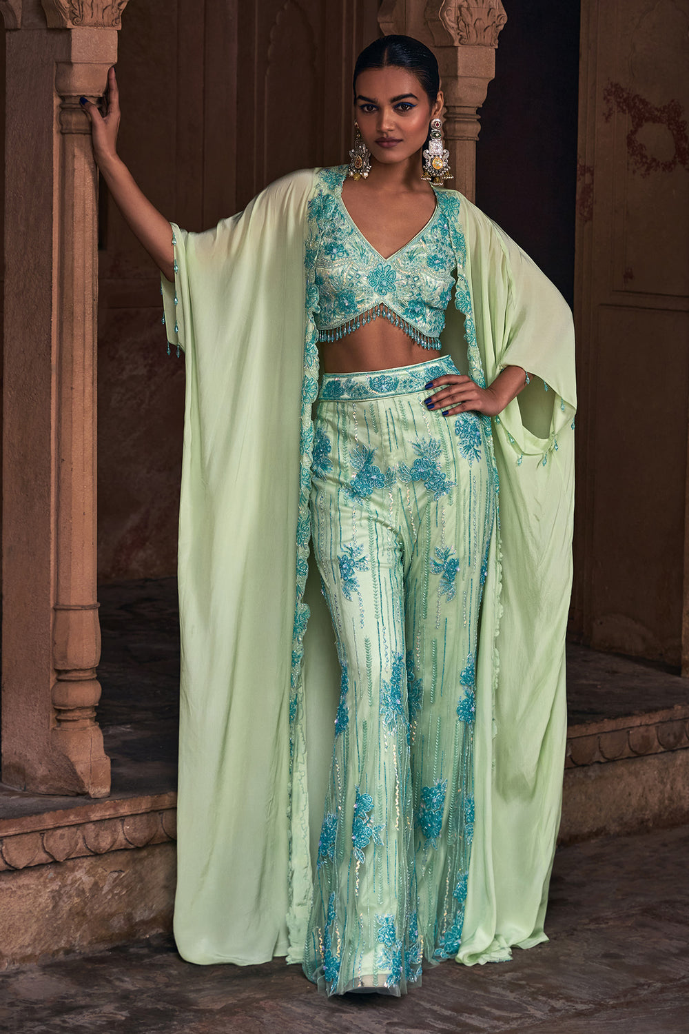 Mint Green Full Embroidered Cape Set