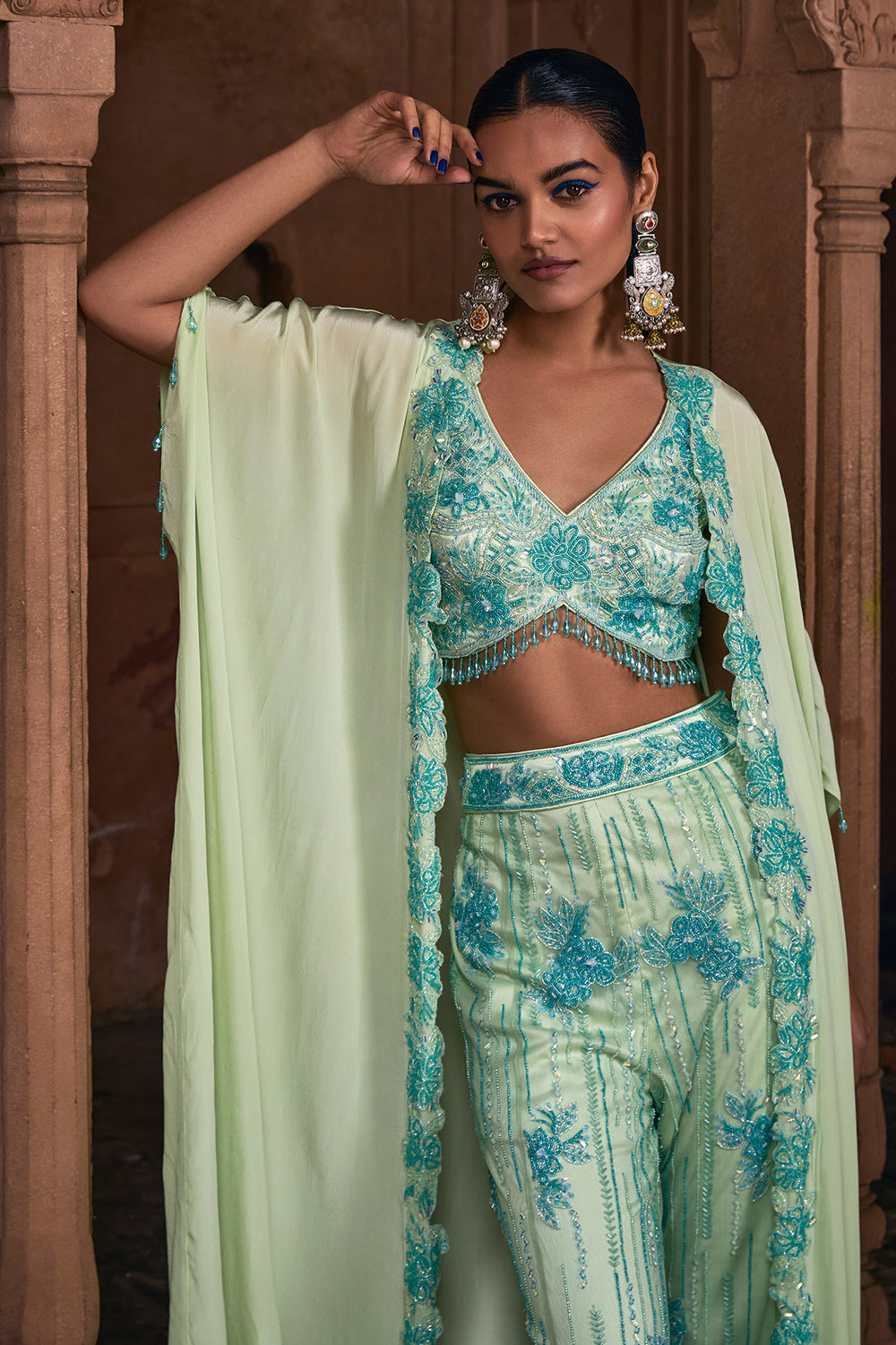 Mint Green Full Embroidered Cape Set