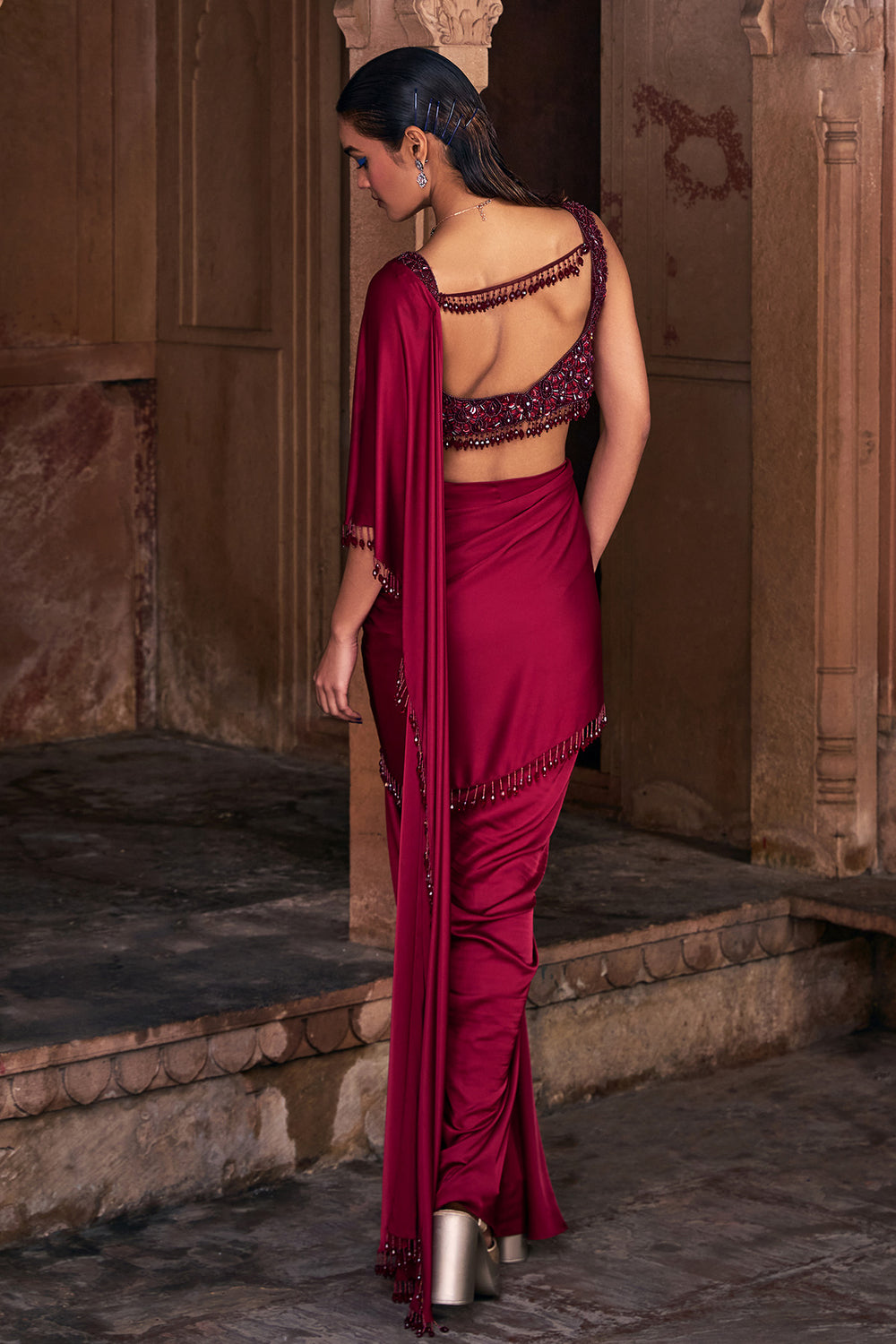 Maroon Embroidered Saree Set