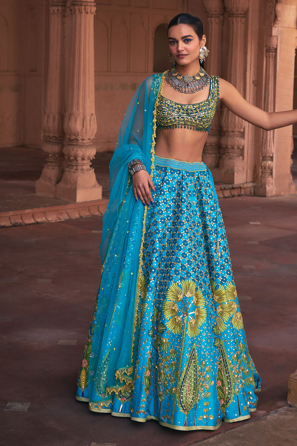 Turquoise Floral Print & Embroidered Lehenga Set