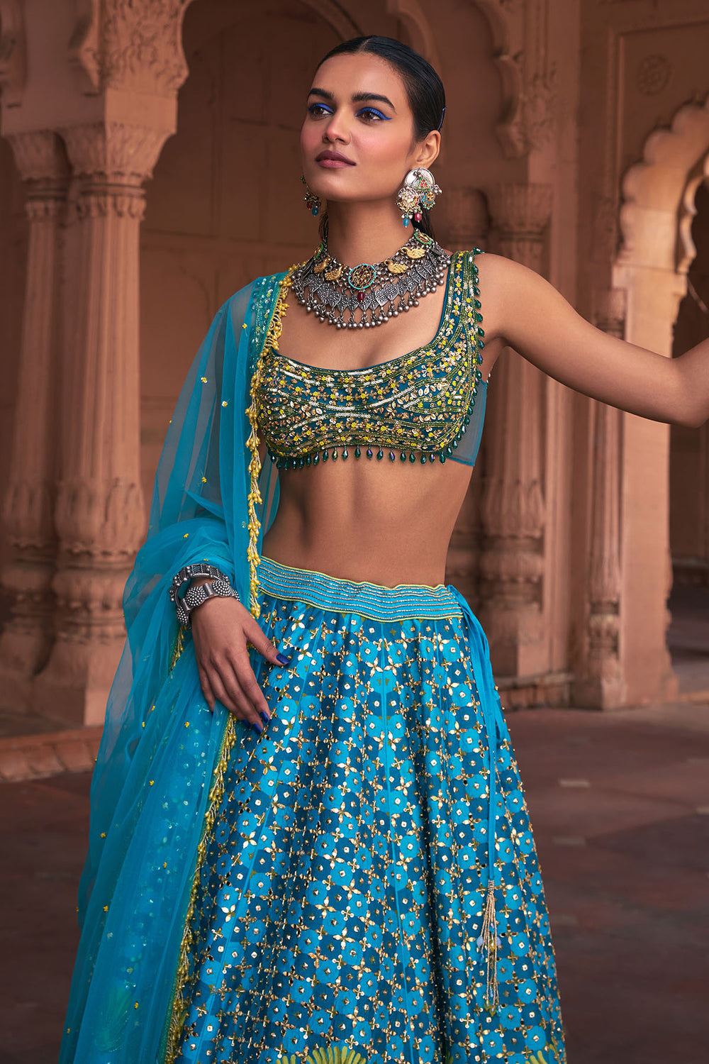 Turquoise Floral Print & Embroidered Lehenga Set