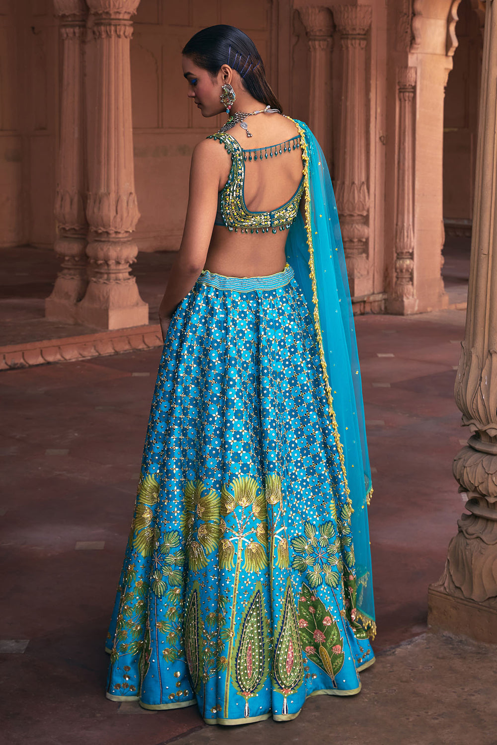 Turquoise Floral Print & Embroidered Lehenga Set