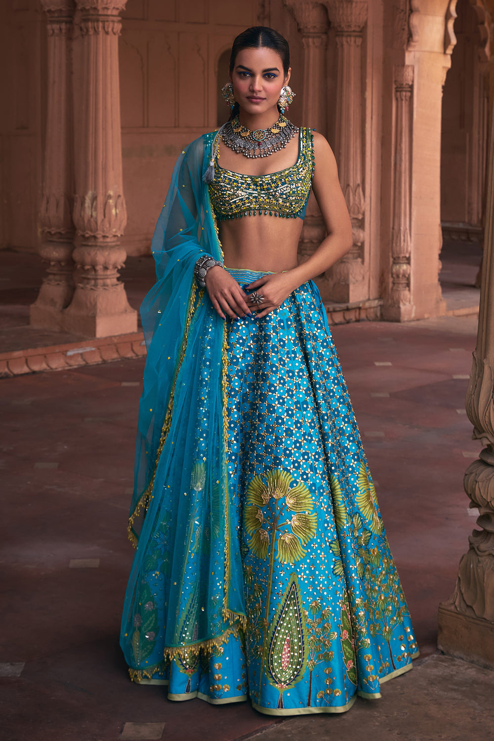 Turquoise Floral Print & Embroidered Lehenga Set