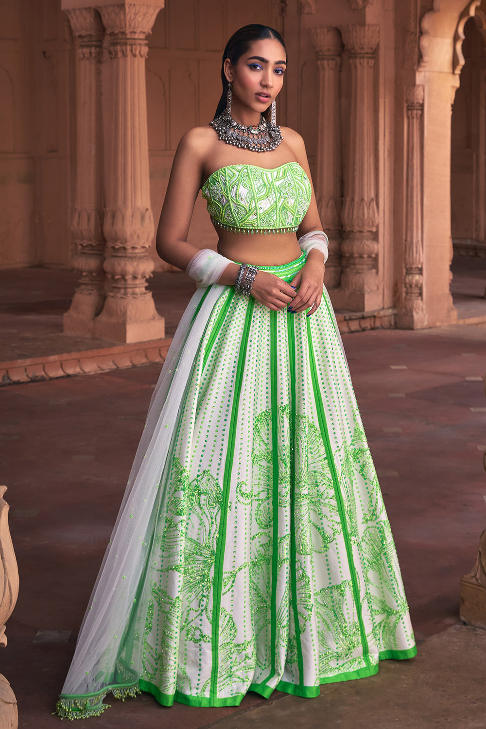 Neon Big Floral Print & Embroidered Lehenga Set