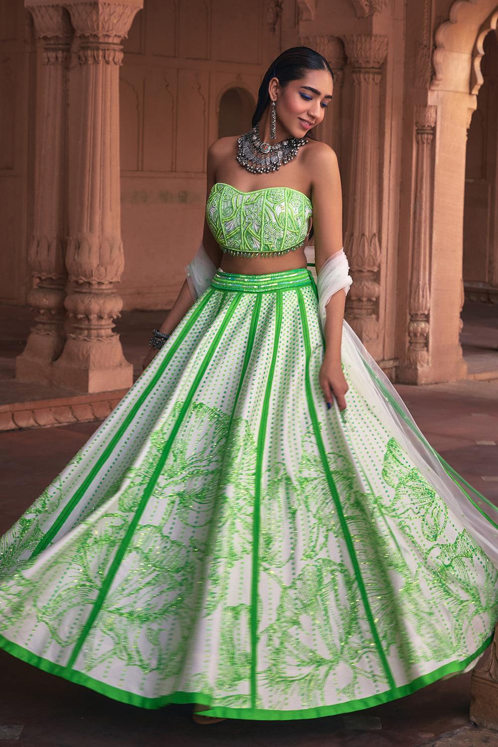 Neon Big Floral Print & Embroidered Lehenga Set