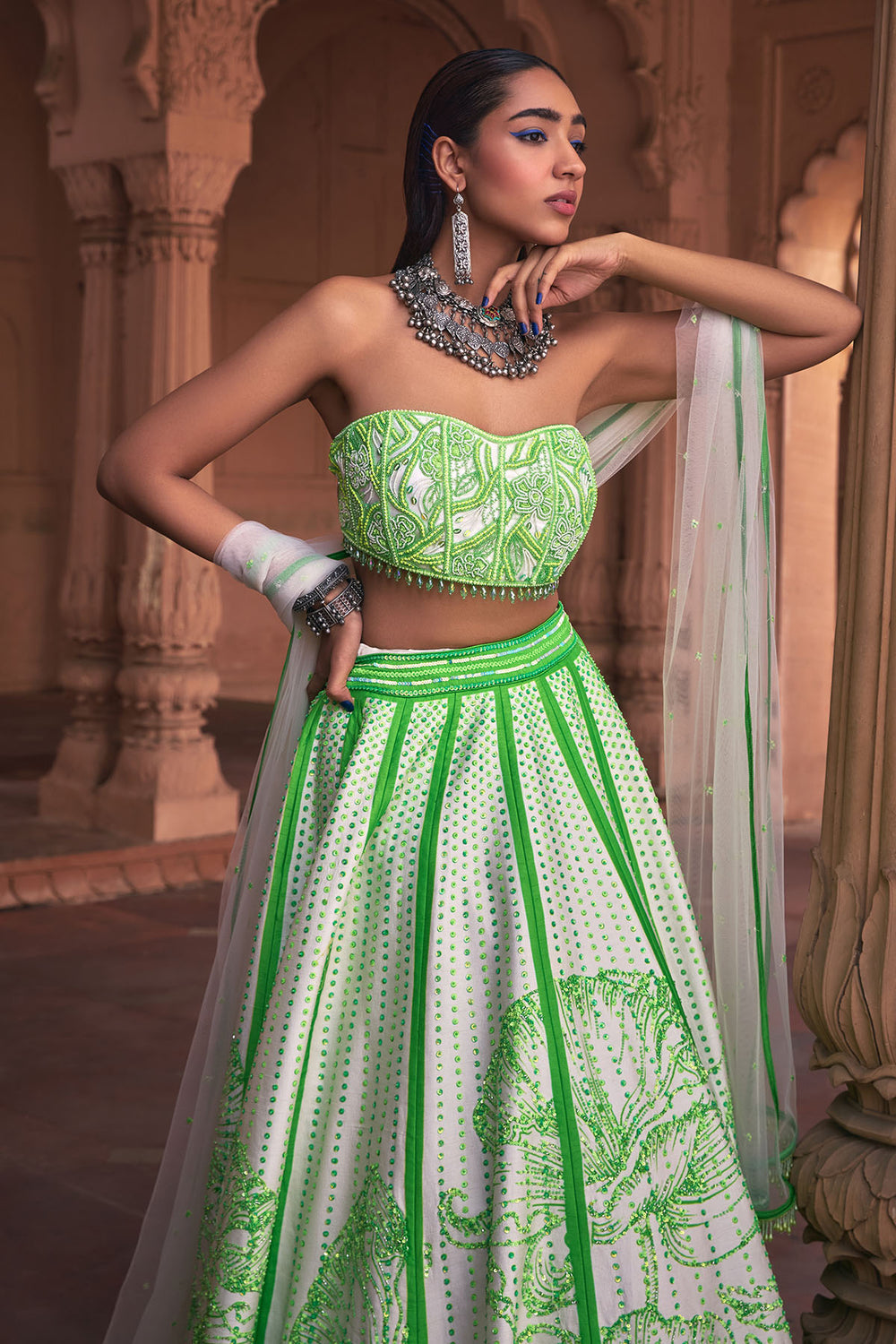 Neon Big Floral Print & Embroidered Lehenga Set