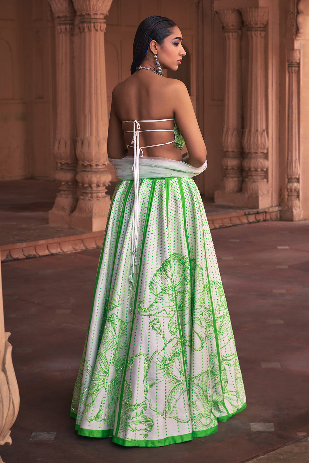 Neon Big Floral Print & Embroidered Lehenga Set