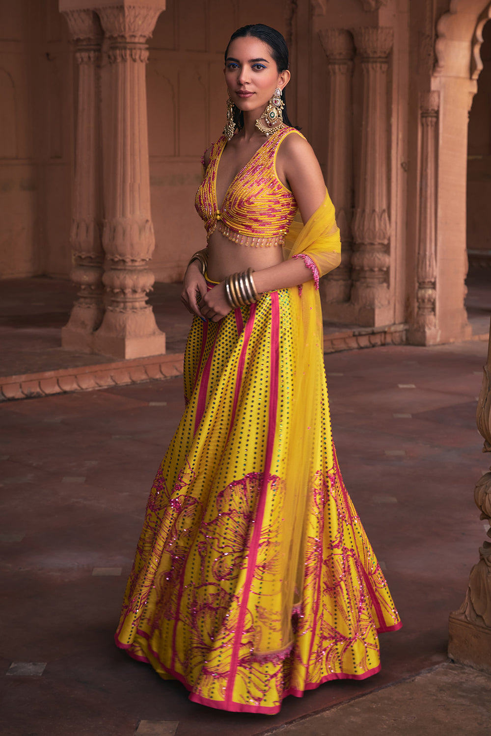 Yellow Big Floral Print & Embroidered Lehenga Set