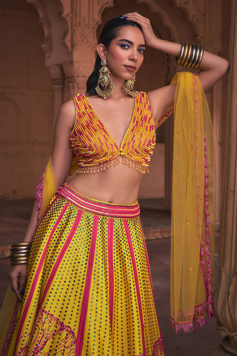 Yellow Big Floral Print & Embroidered Lehenga Set