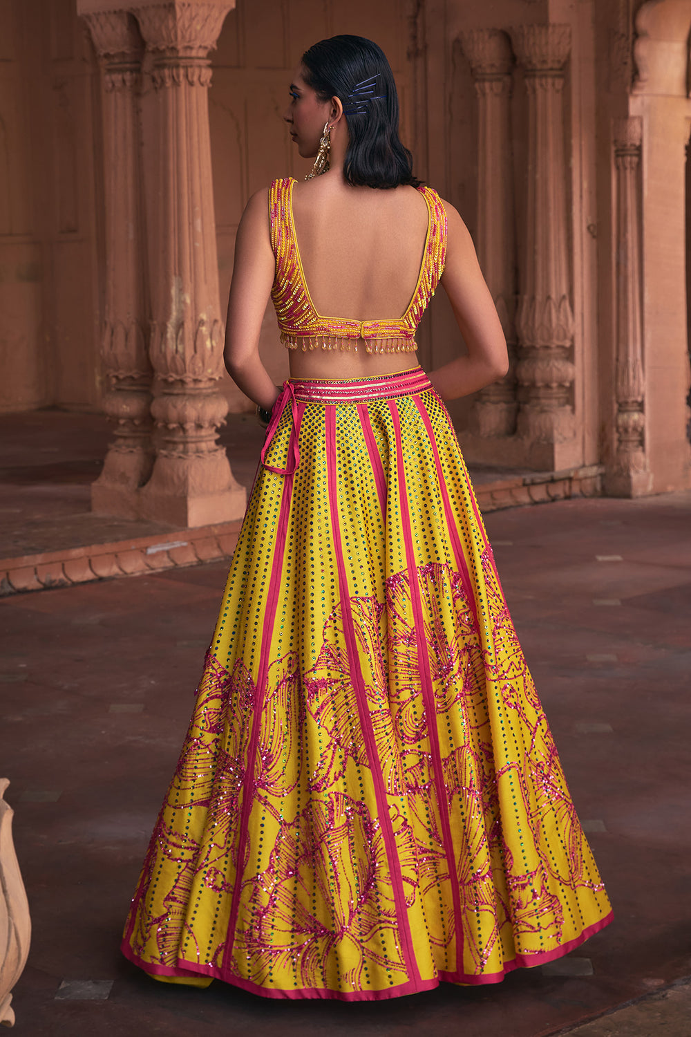 Yellow Big Floral Print & Embroidered Lehenga Set